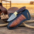 Damascus Highland Cow Crossdraw Knife Rosewood Handle Brass Bolster Buffalo Cross Pouch