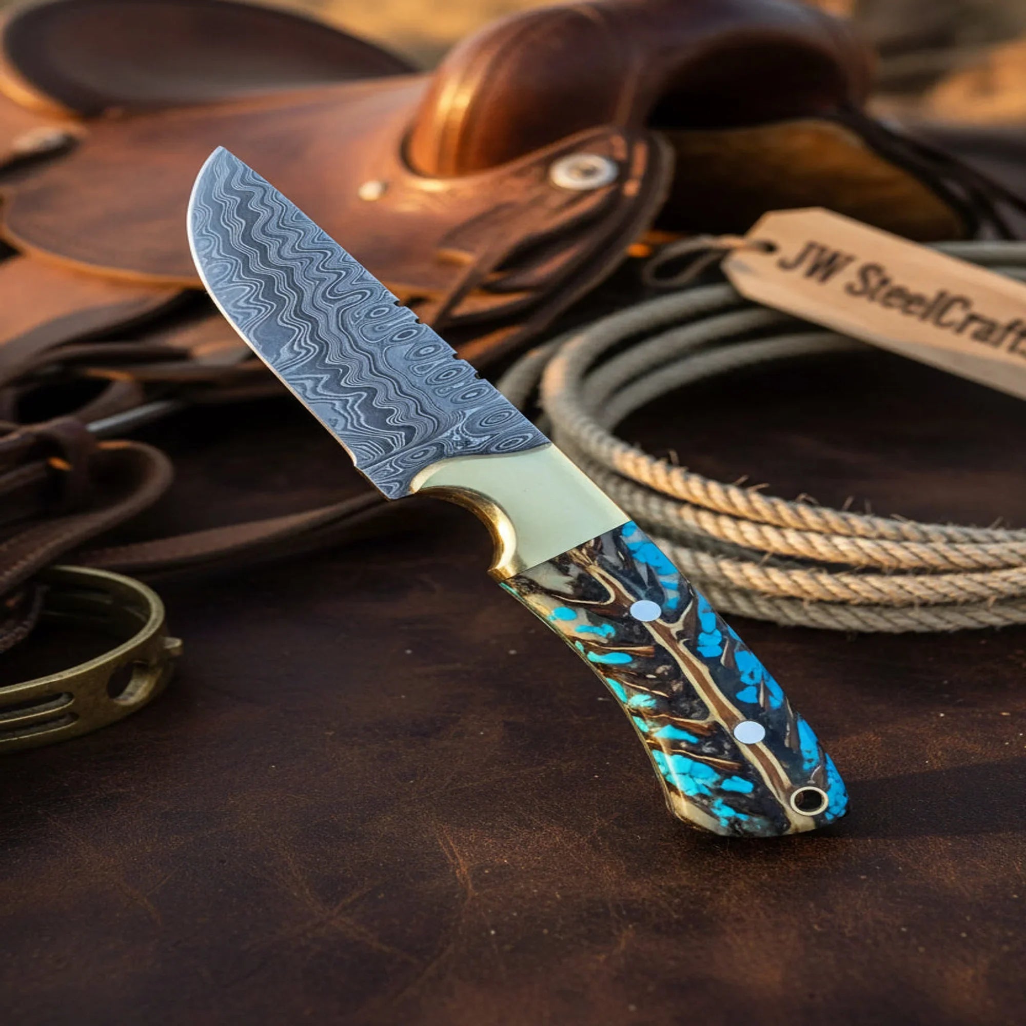 Sapphire Trail Skinner Cutter Knife 7" Blue Pinecone Handle Brass Bolster Full Tang Western Cowboy