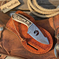 Deer Cutout Skinner Knife with Stag Horn Handle and Damascus Blade
