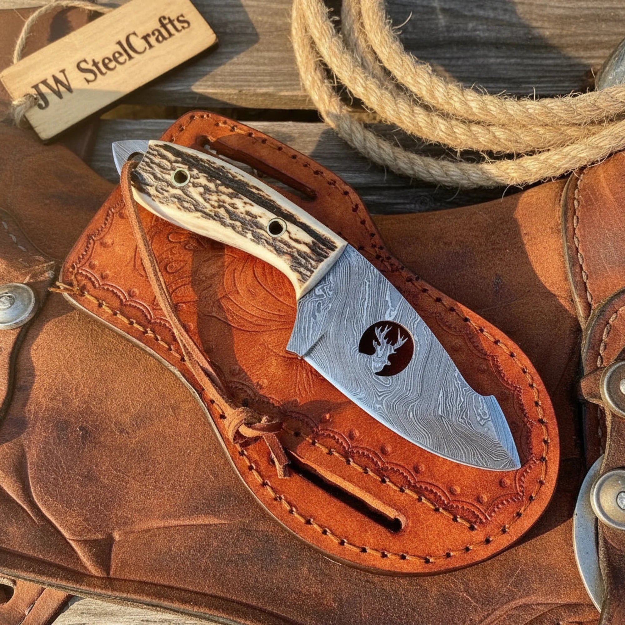 Deer Cutout Skinner Knife with Stag Horn Handle and Damascus Blade