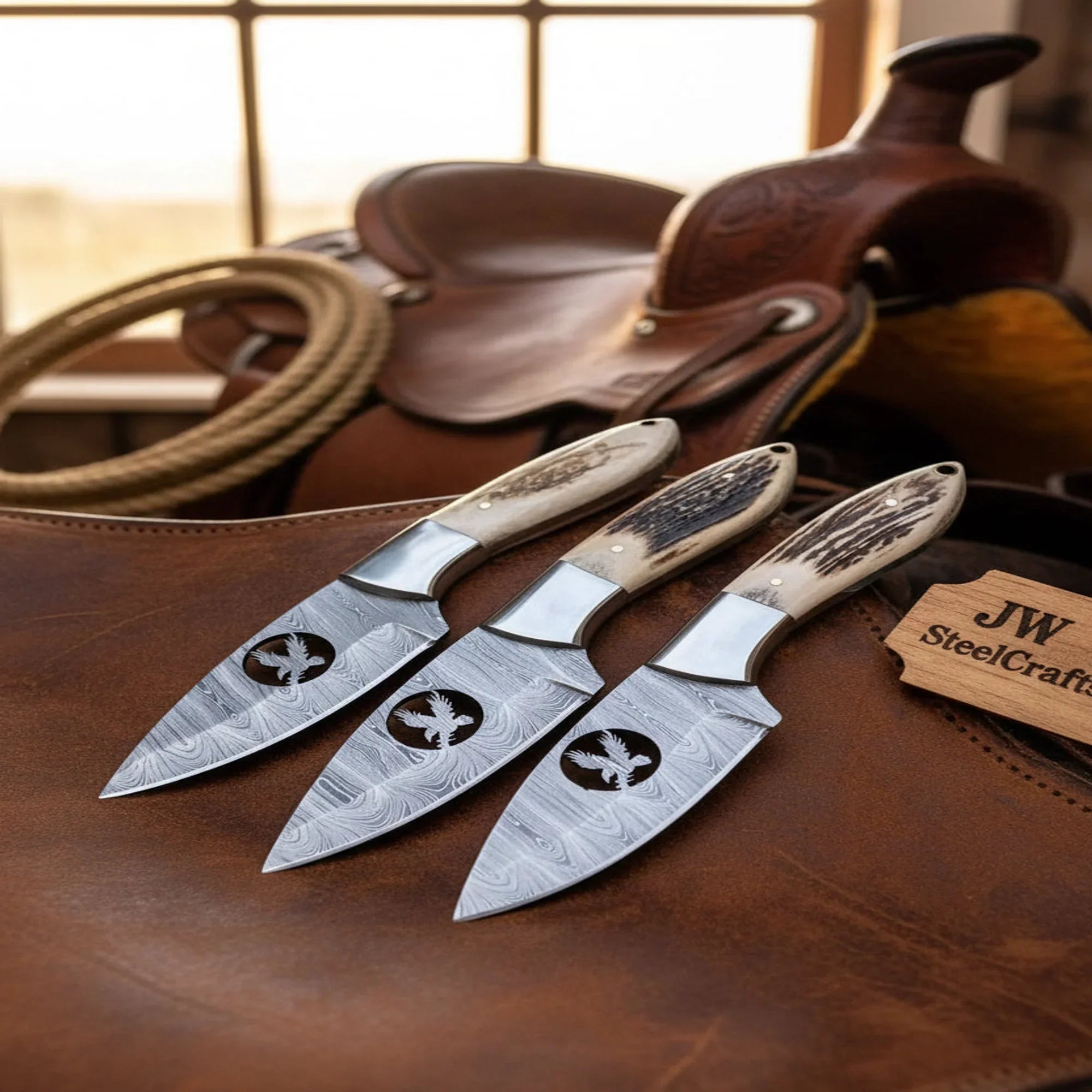 Handmade Damascus Steel Knife Set of 3 with Stag Horn Handle