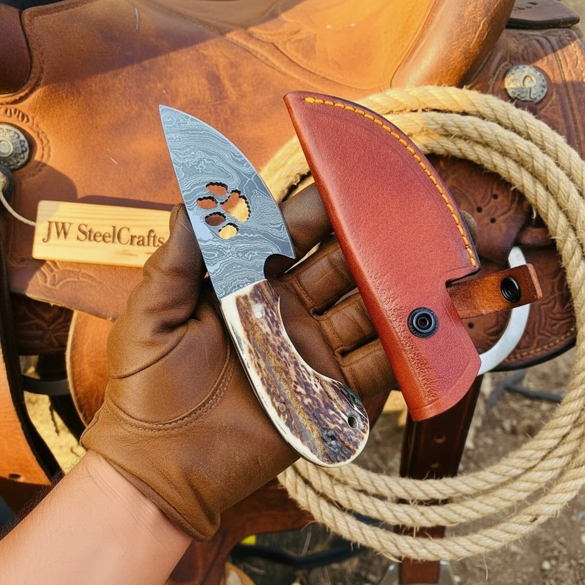 Damascus Bear Paw Skinner Knife 7" Stag Handle Paw Print Blade