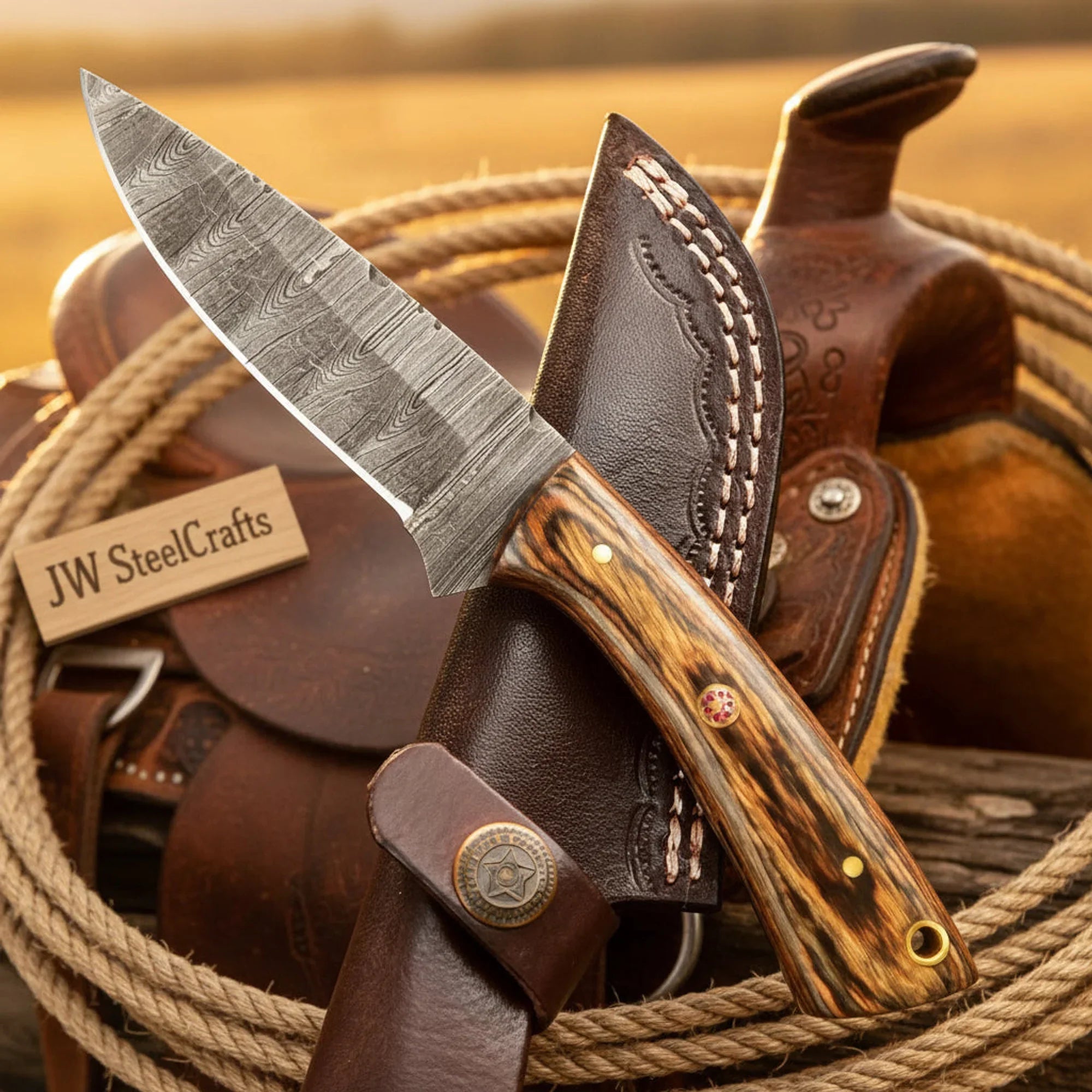 Vortex Zebrawood Hunter knife Pakka Wood Handle Full Tang Skinner Leather Sheath 8"