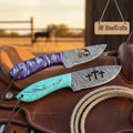 Handmade Cross Engraved Cowboy Knife Set of 2 Purple Blue Resin Handle Full Tang Christian Gift