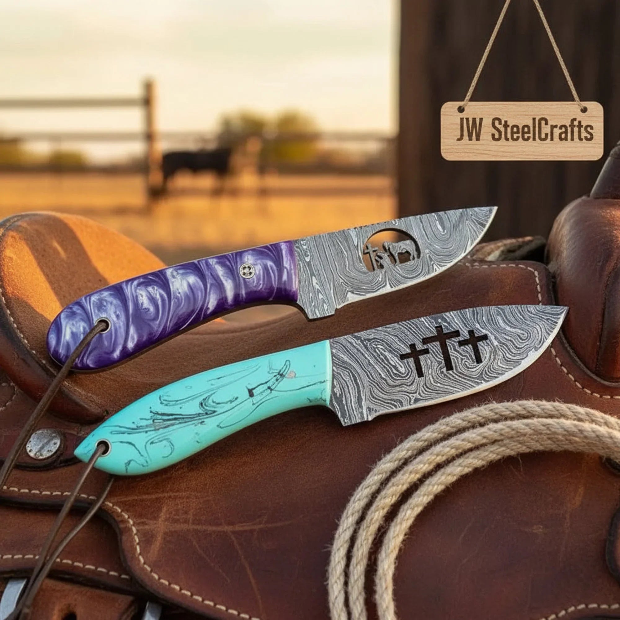 Handmade Cross Engraved Cowboy Knife Set of 2 Purple Blue Resin Handle Full Tang Christian Gift