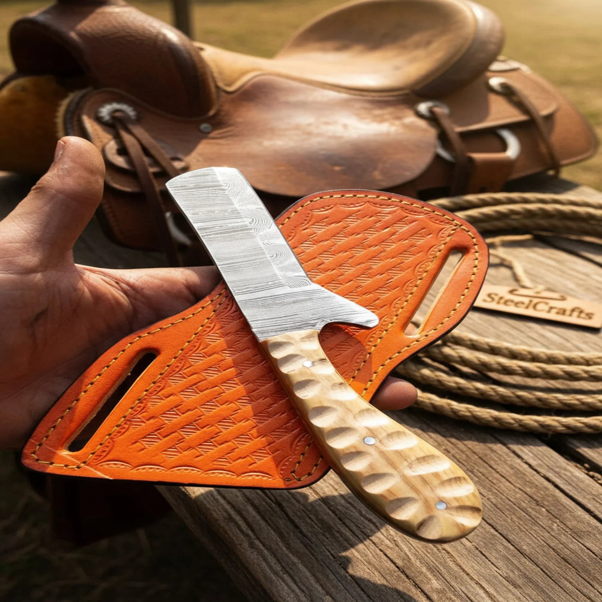 Razor-Edge Bull Cutter Knife with Carved Olive Wood Handle