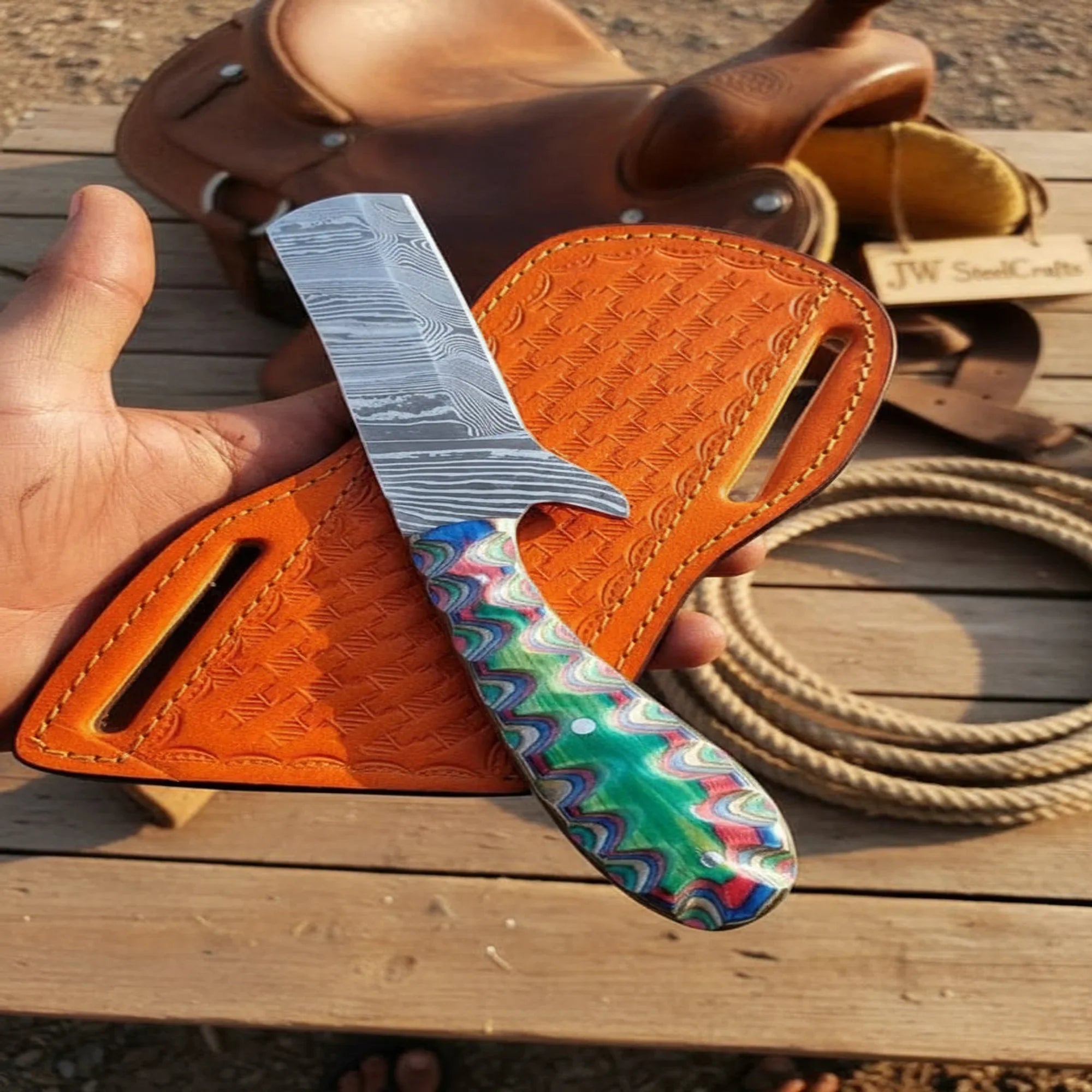 Twist Damascus Razor Knife with Multicolor Pakka Wood Handle