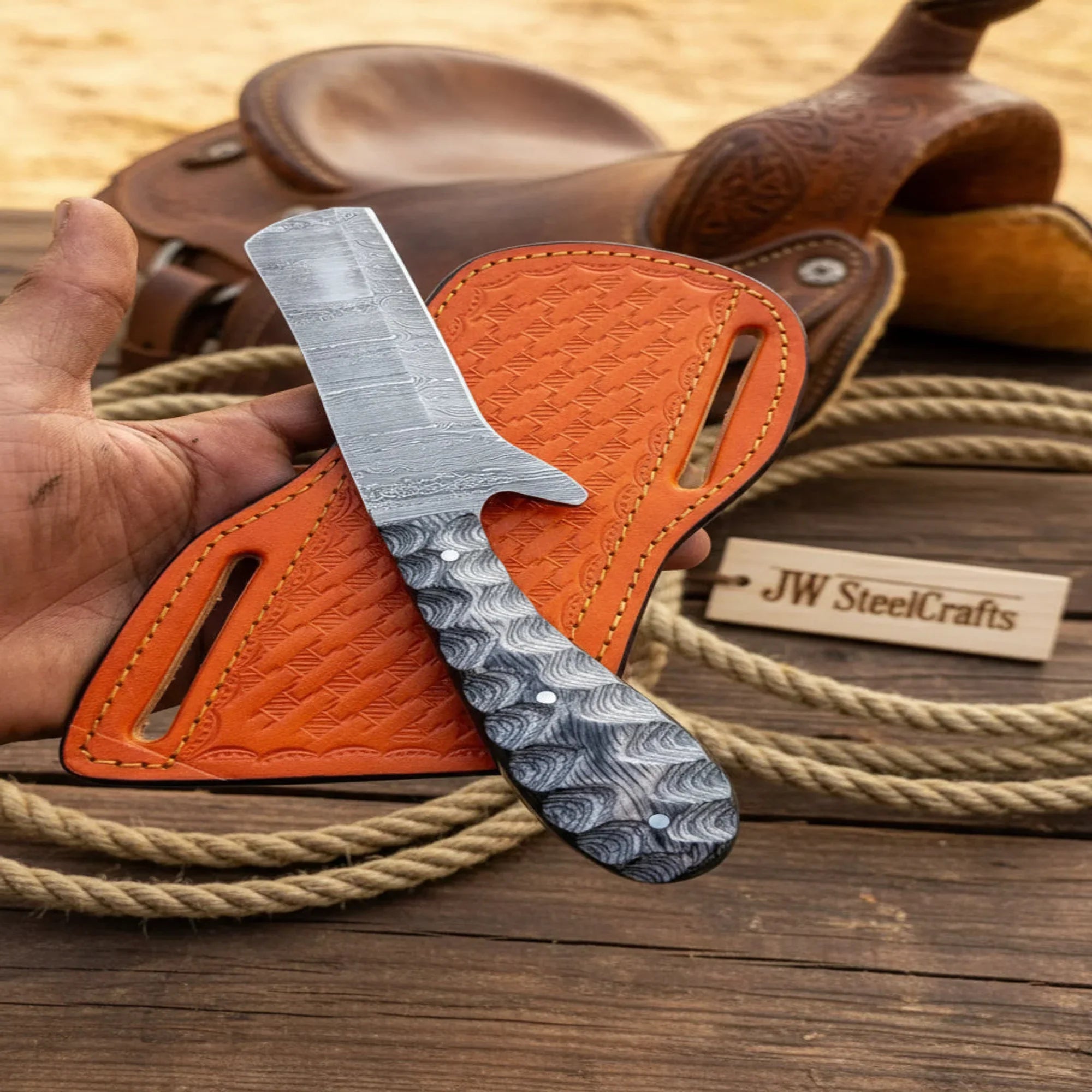 Damascus Straight Edge Cowboy Cleaver Knife 7" Pakka Wood Handle with Grooved Grip