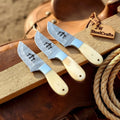 Triple Cross Ivory Damascus Hunter Knife Set with Camel Bone Handles