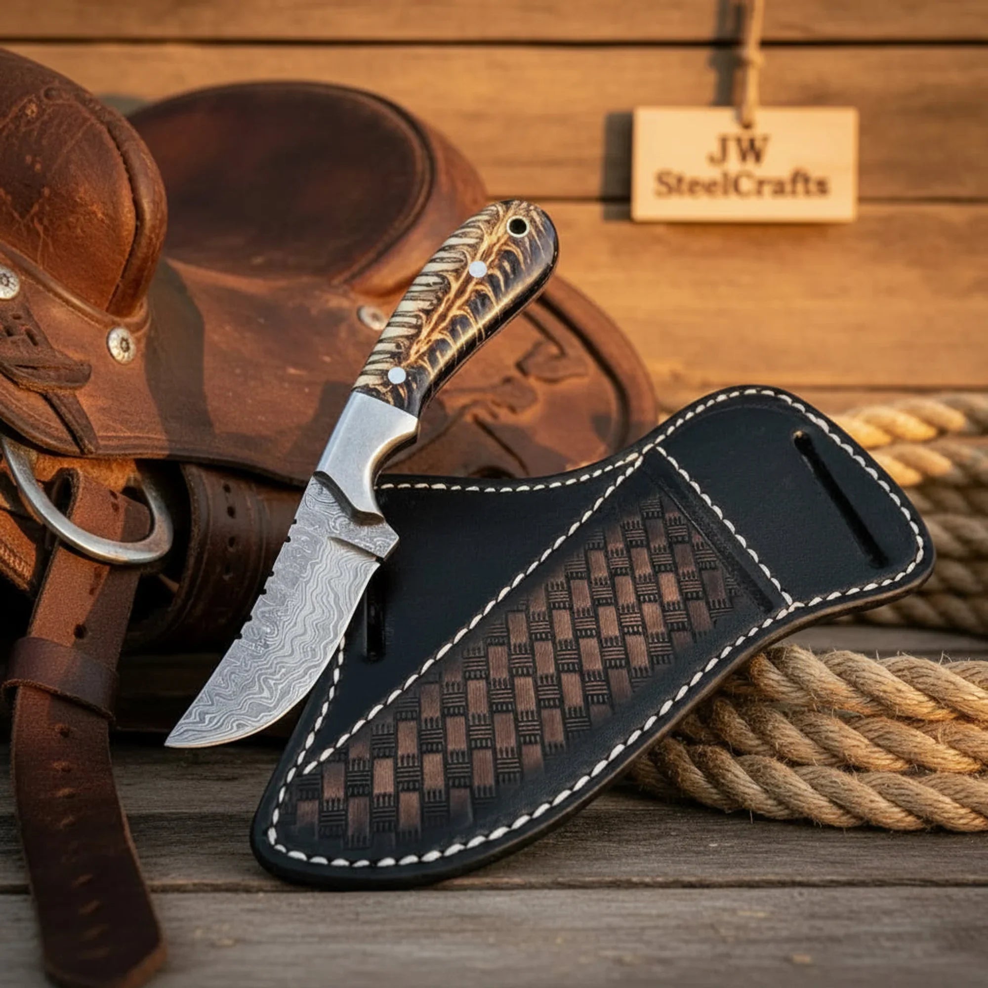 Luxury Hand-Forged Damascus Cowboy Knife