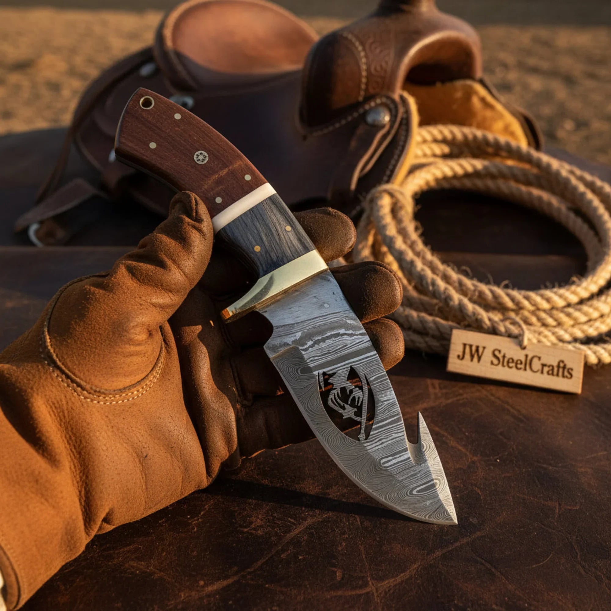 Handmade Damascus Steel Gut Hook Hunting Knife 8" with Rose Wood & Pakka Wood Handle