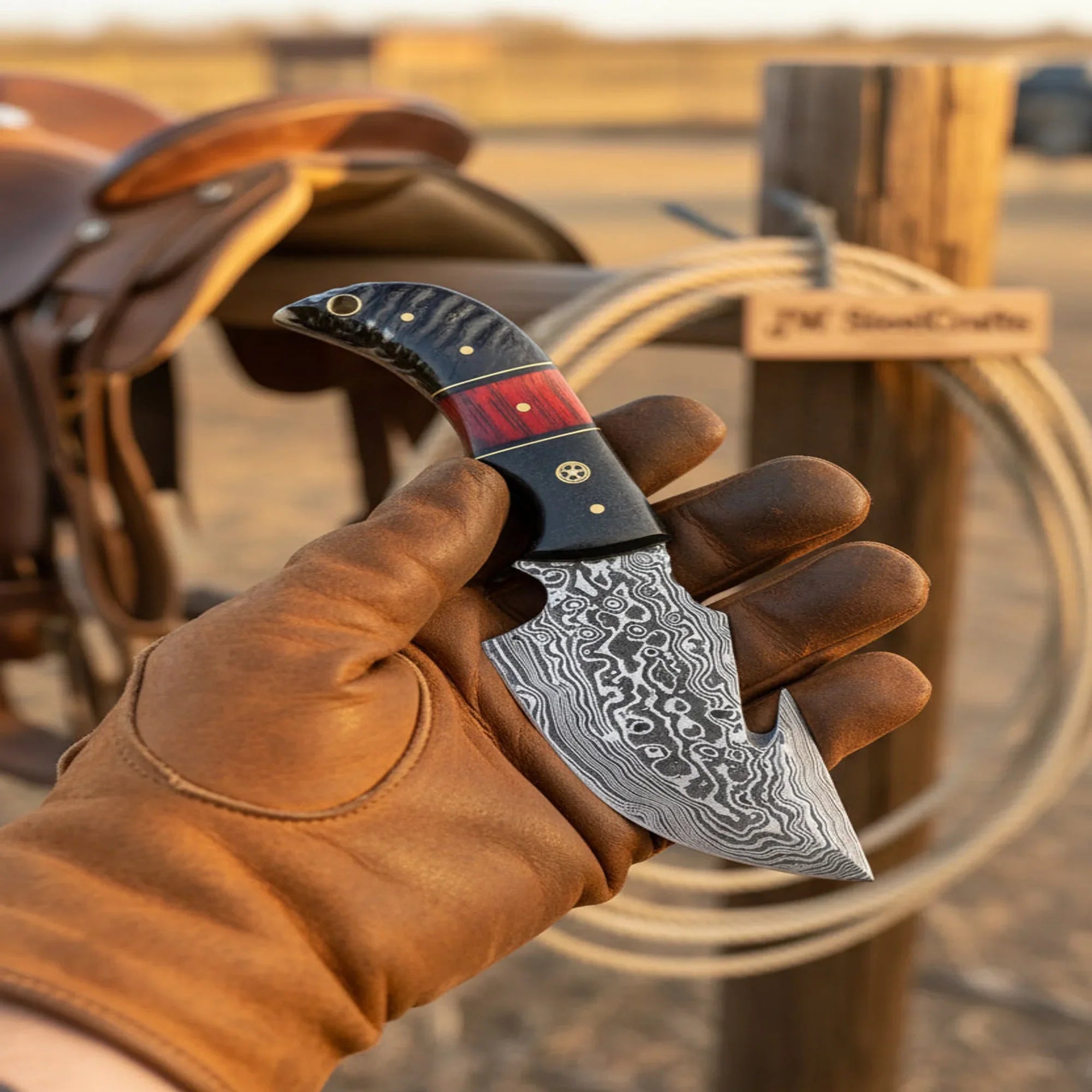Damascus Steel Tracker Knife 7" Red & Black Wood Handle