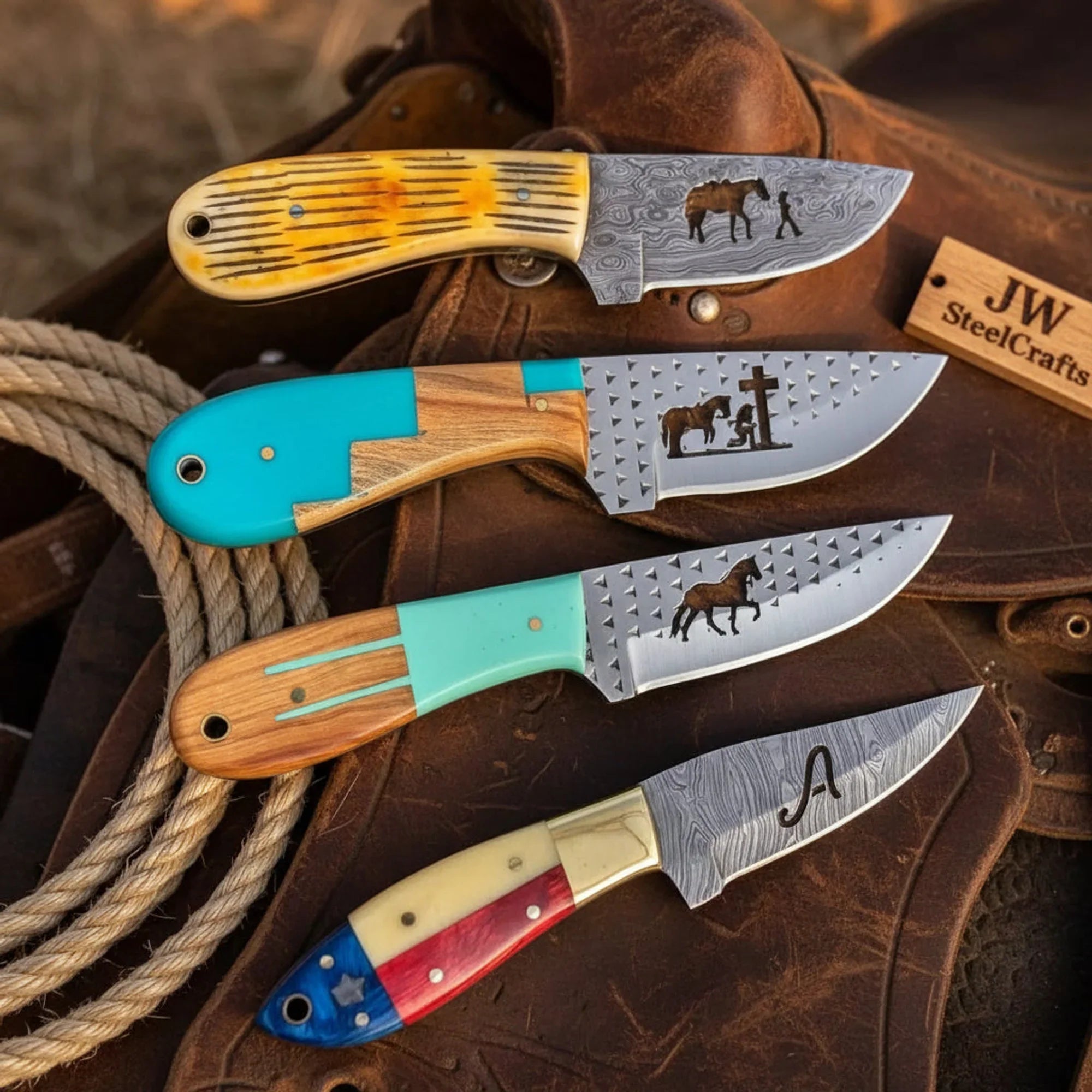 Handmade Engraved Cowboy Knife Set of 4, Resin & Bone Handle, 7" Fixed Blade Set