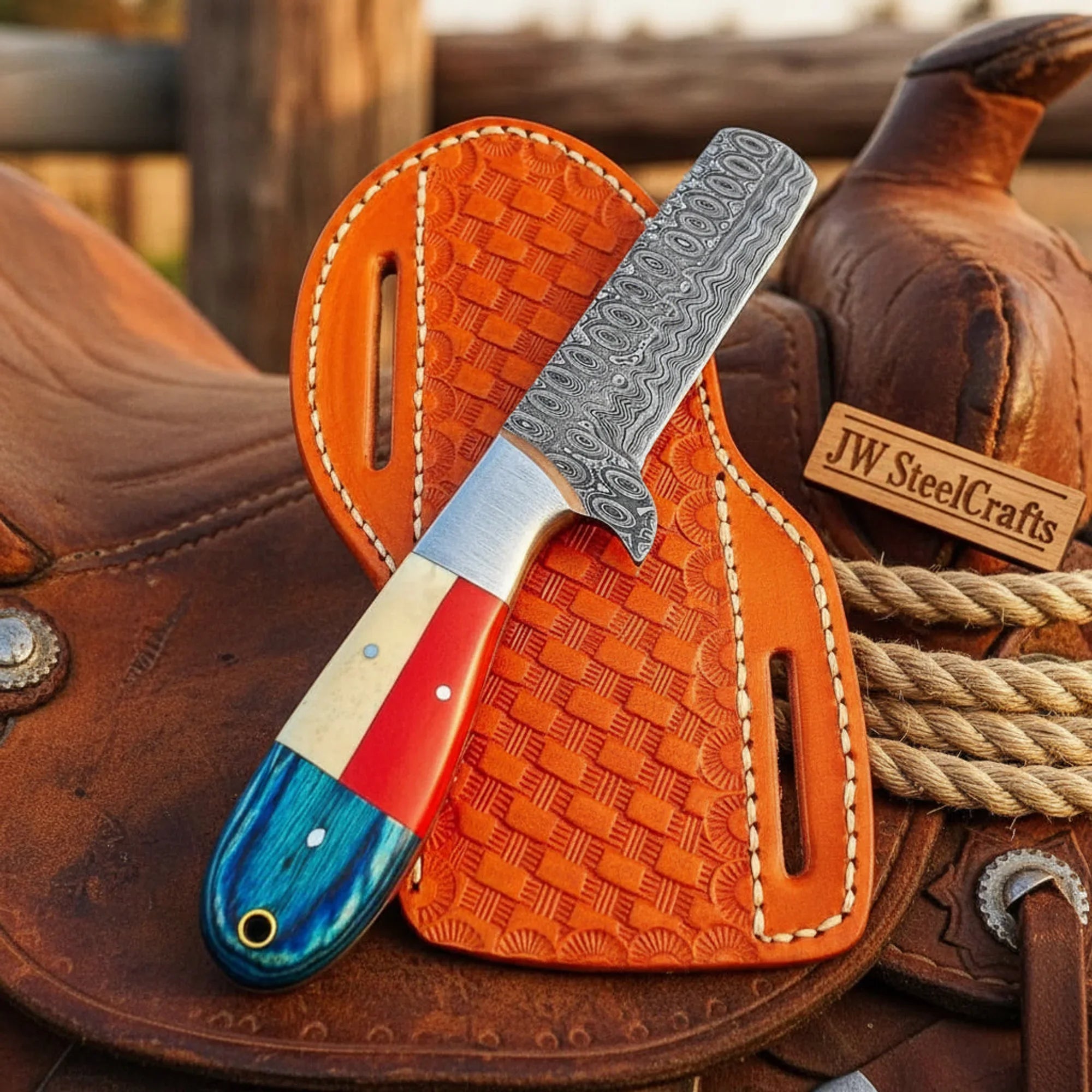 Texas Flag Cowboy Bull Cutter Knife with Twist Damascus Blade Pattern
