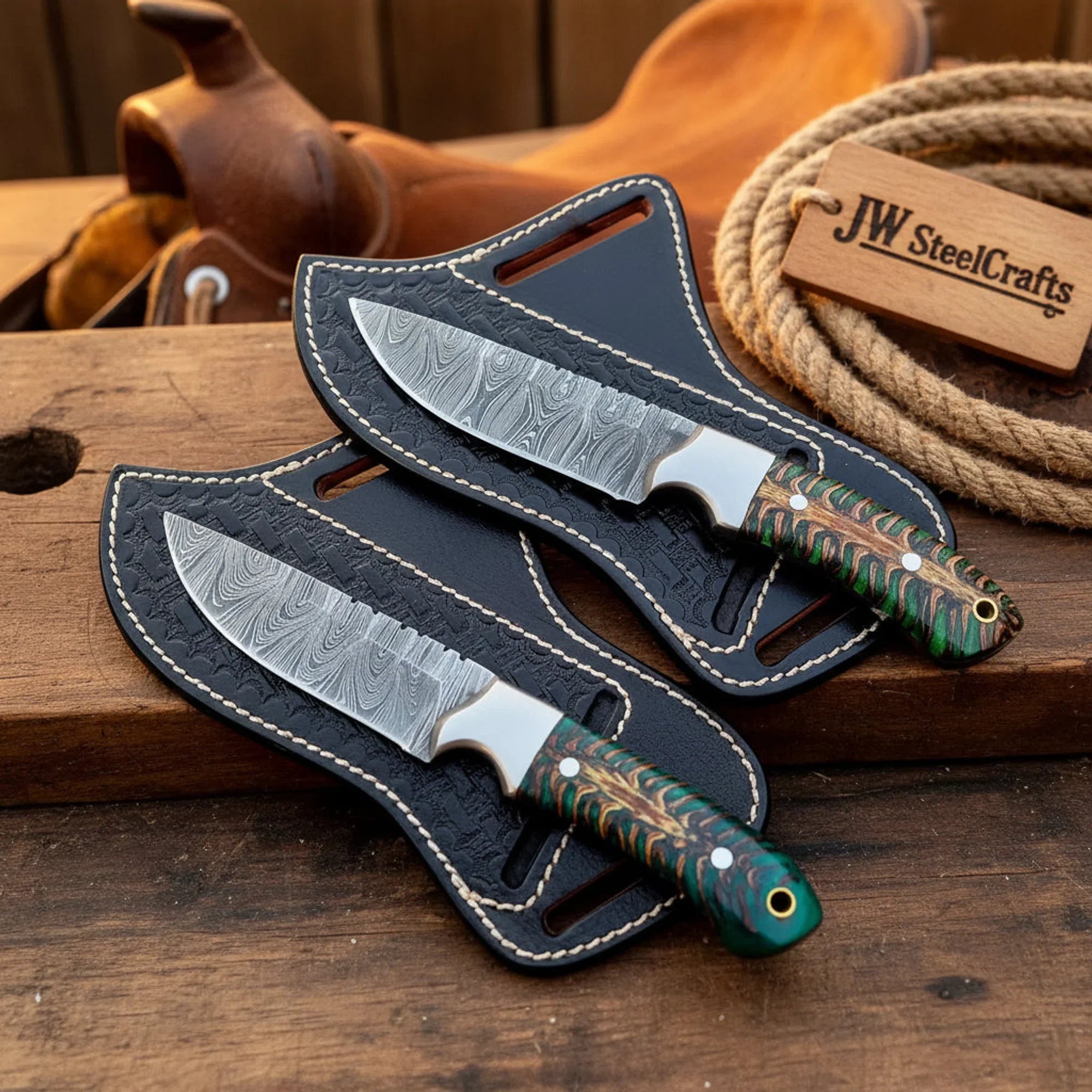 2 Piece Pinecone Resin Skinner Knife Set with Green Pinecone Handles
