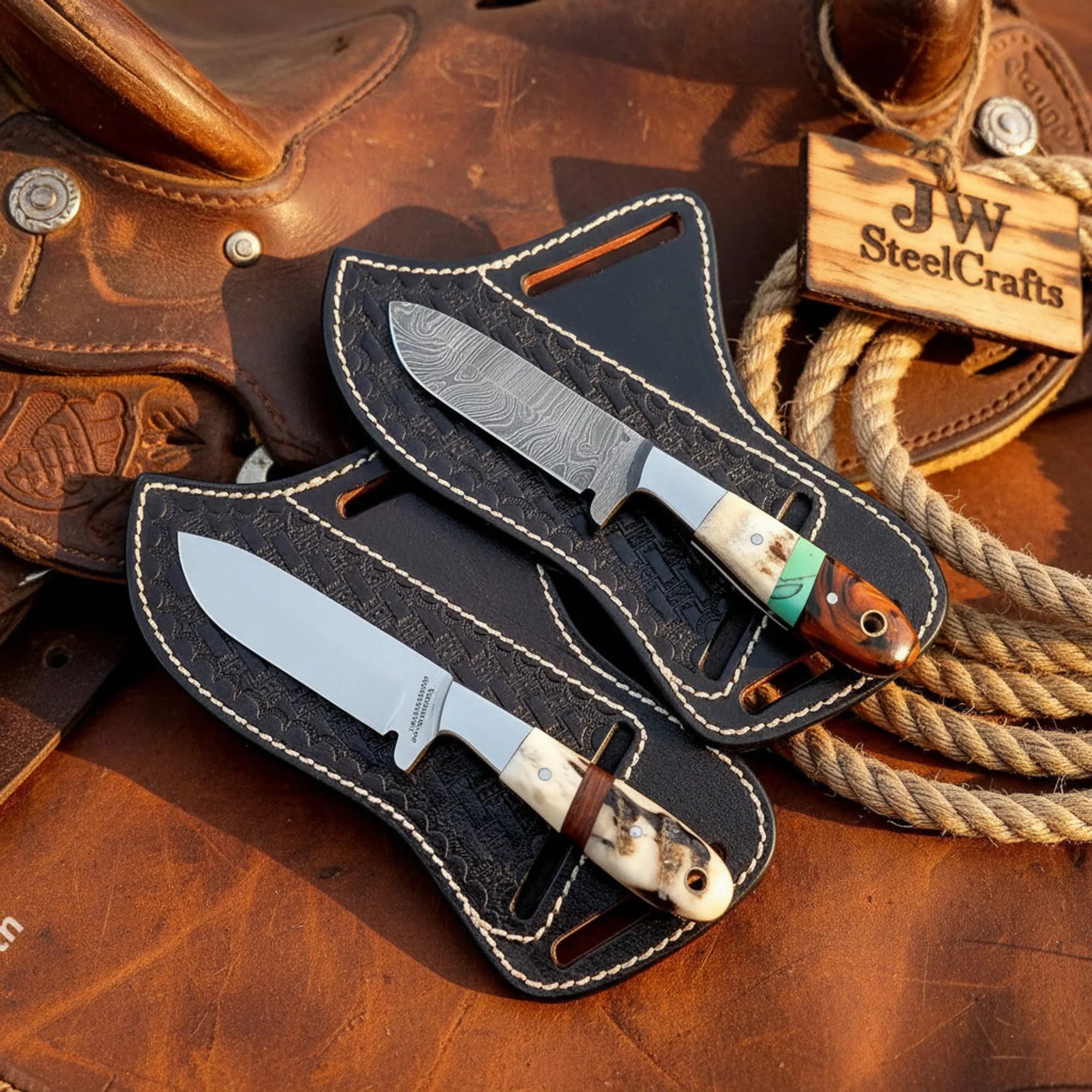 Cross-Draw Ranch Knife Combo with Carbon and Damascus Steel Blades