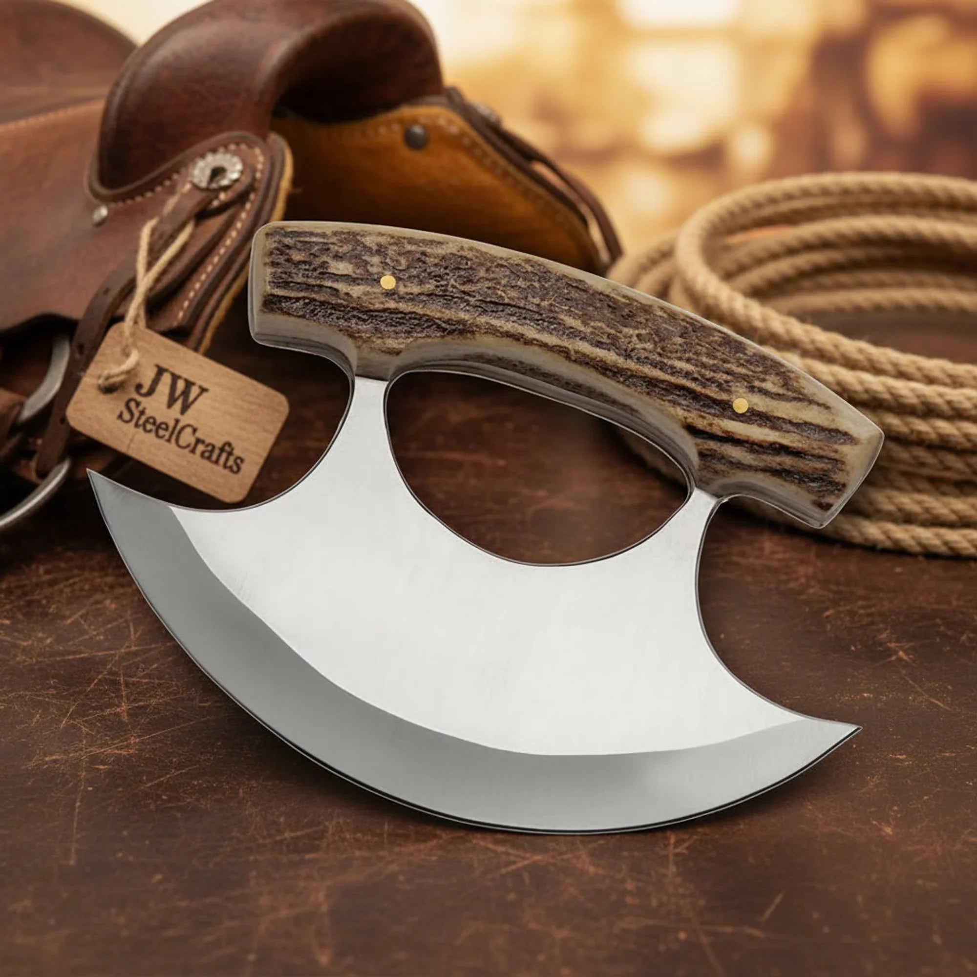 Stag Handle Bering Ulu Knife with High Polish Steel Blade