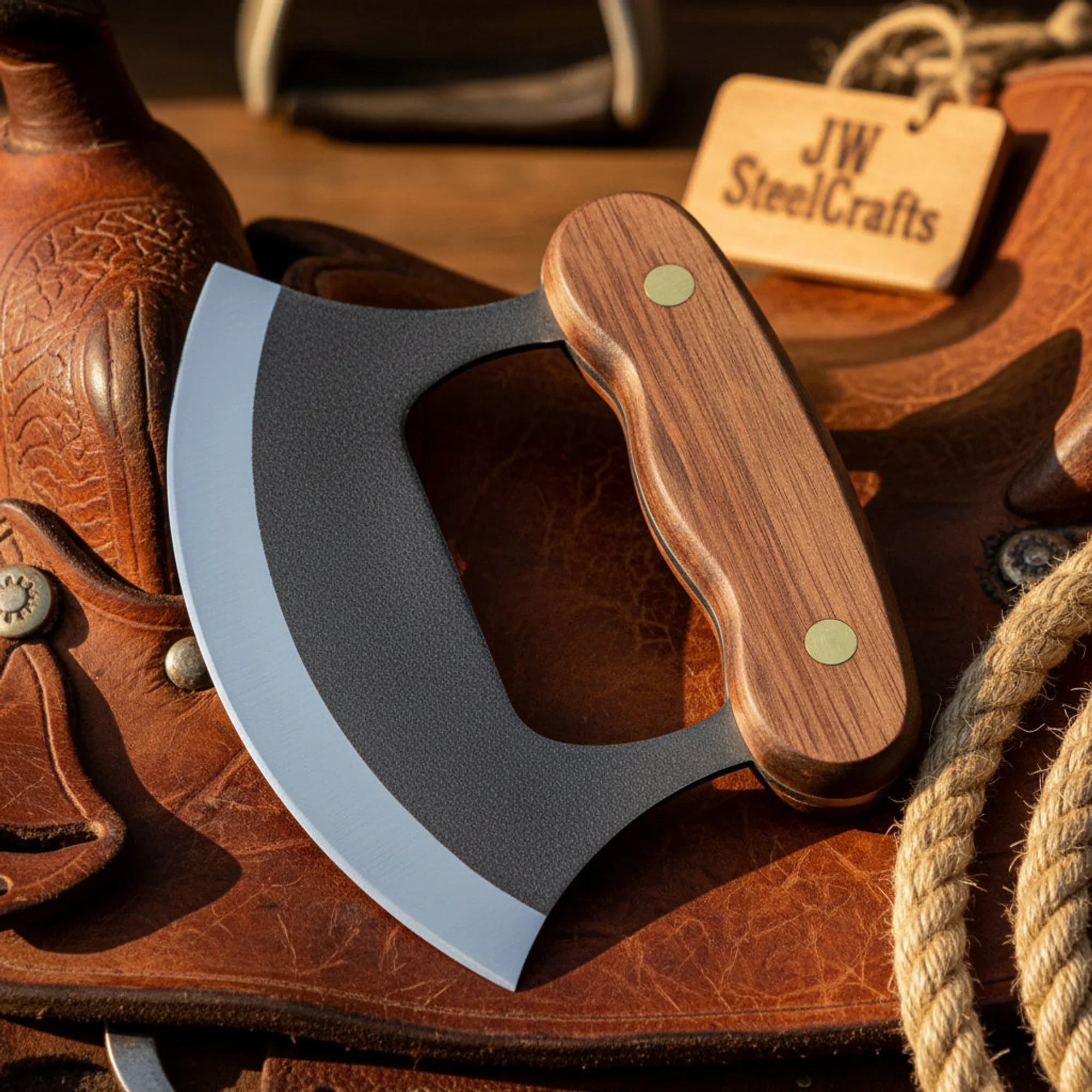 Handmade Carbon Steel Mezzaluna Knife, Wood Handle, Kitchen Chopper Blade