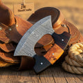 Two Tone Damascus Ulu Knife with Wood and Resin Handle