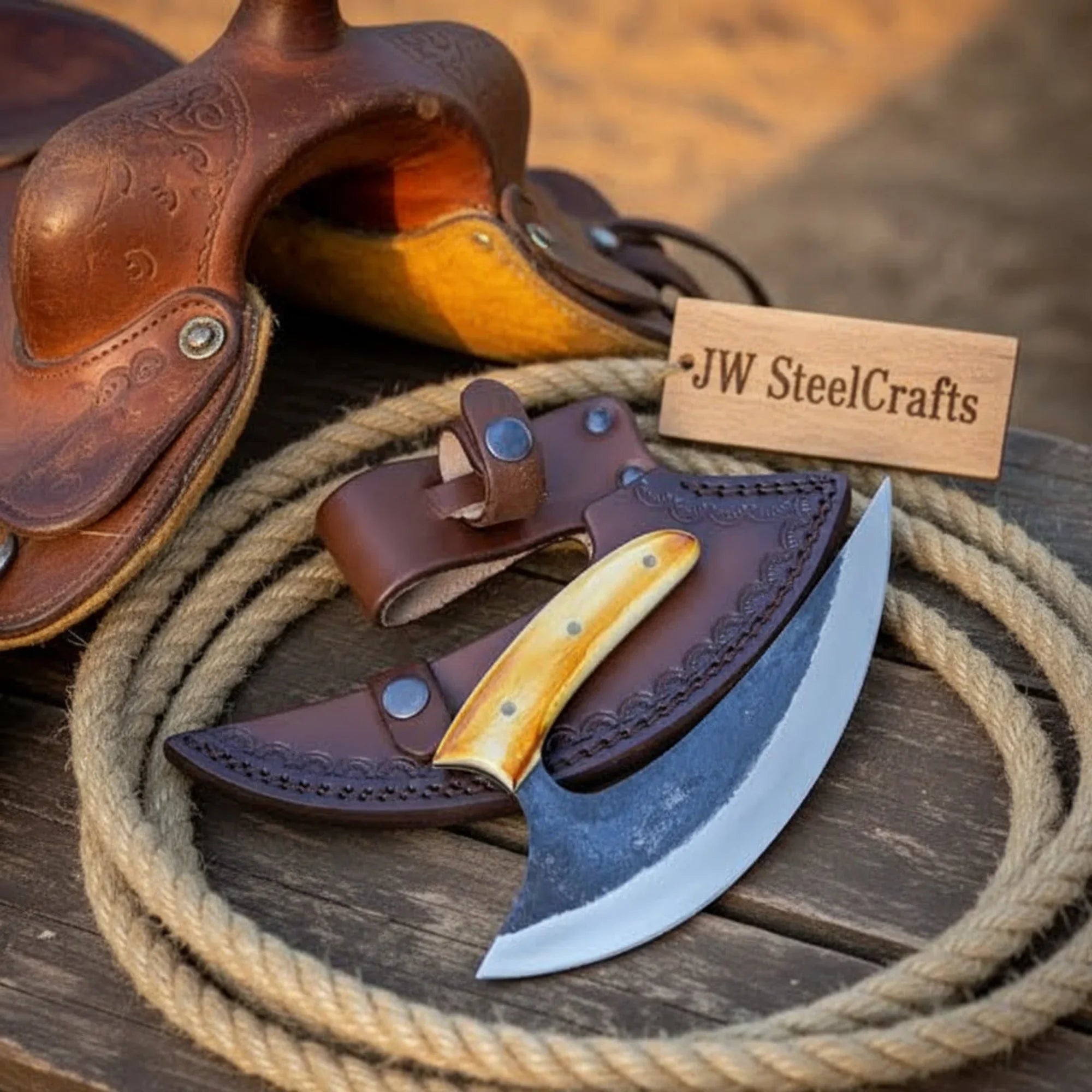 T-Handle Ulu Skinner Pakka Wood Handle Pizza Axe Kitchen Chopper Leather Sheath