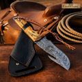 Damascus Gut Hook Knife with Feather Pattern Blade and Stag Horn Handle