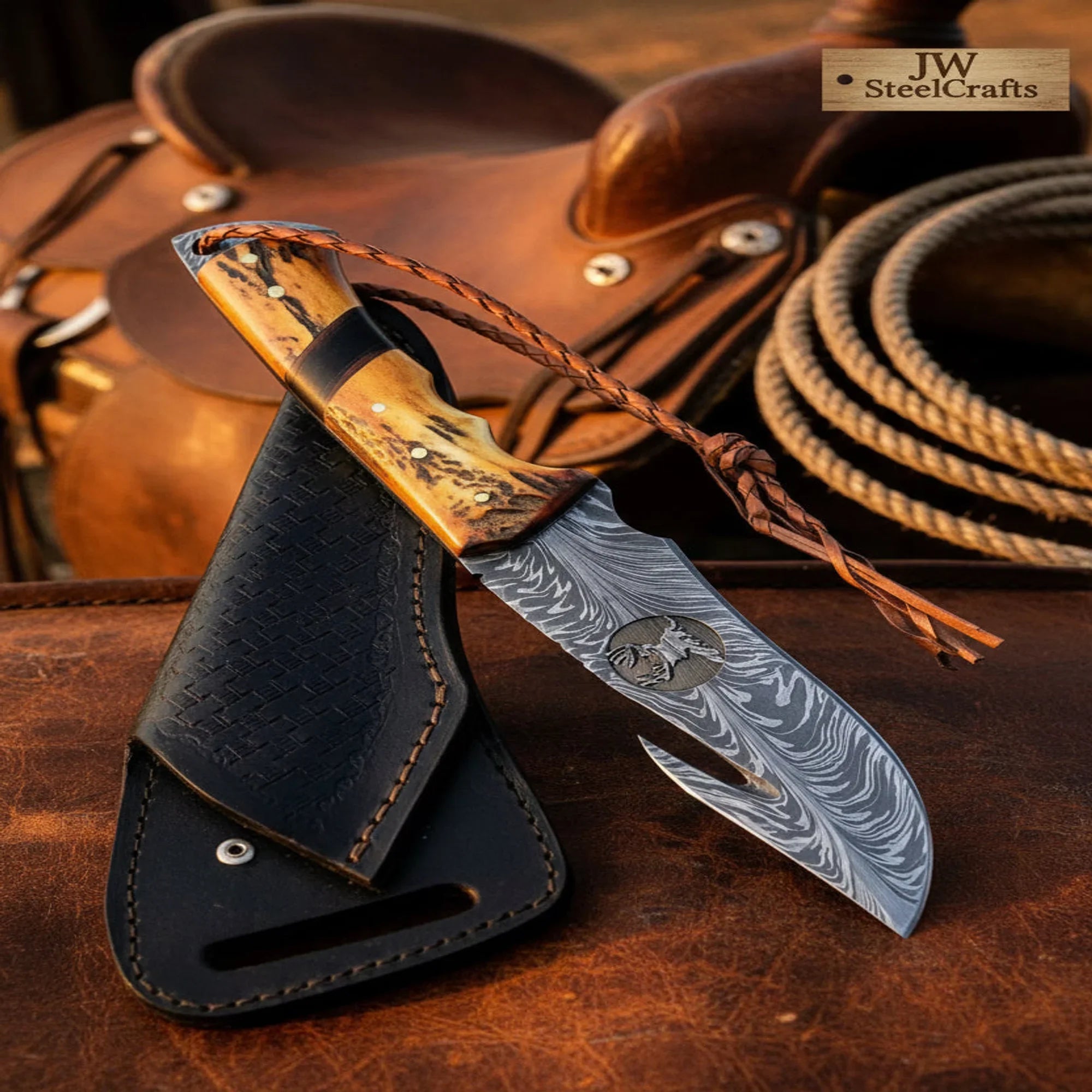 Damascus Gut Hook Knife with Feather Pattern Blade and Stag Horn Handle