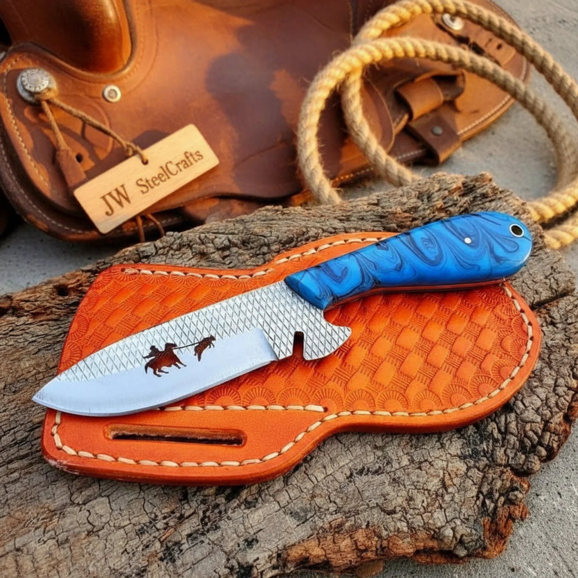 Horseback Trail Skinner Knife Blue Damascus Blade with Stag Horn Handle 9"