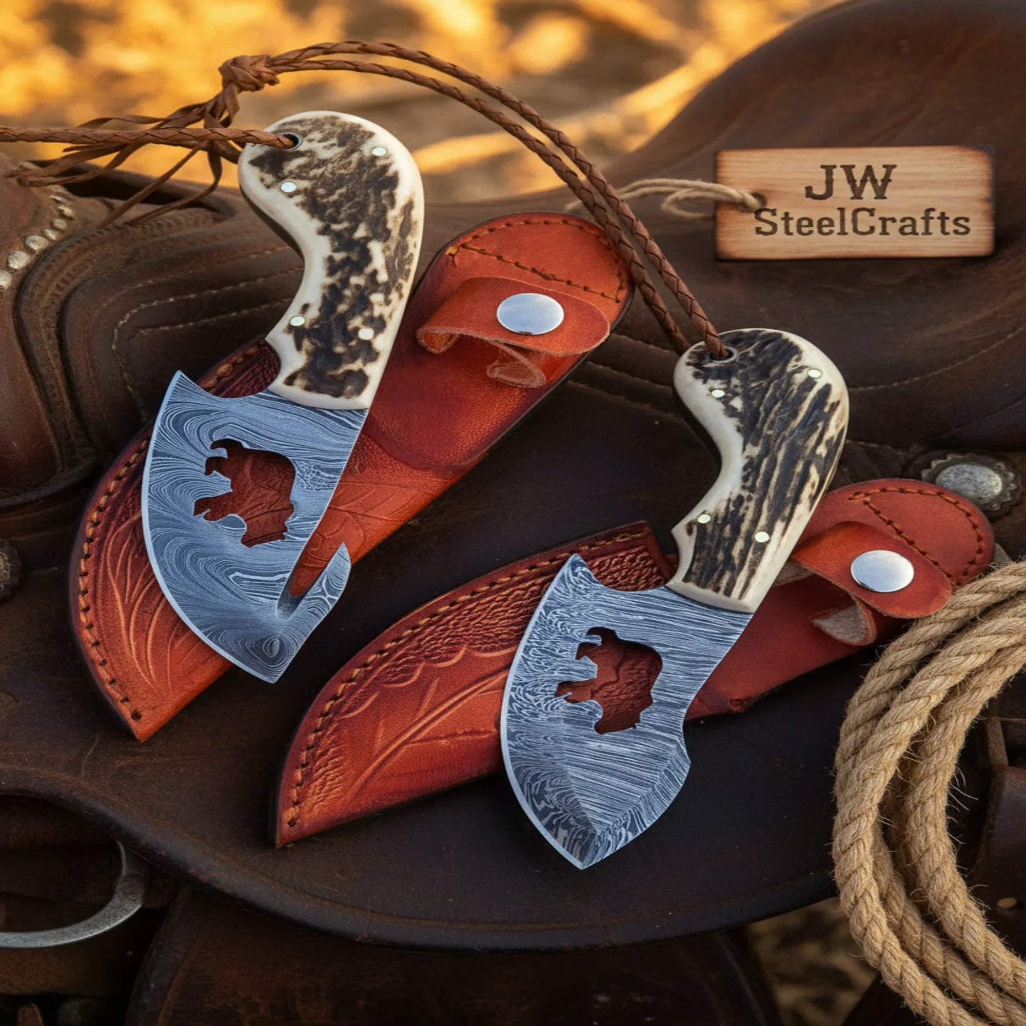 Ridgeline Gut Hook Skinner Knife Set of 2 Stag Antler Handle Bear Engraved Full Tang Skinner