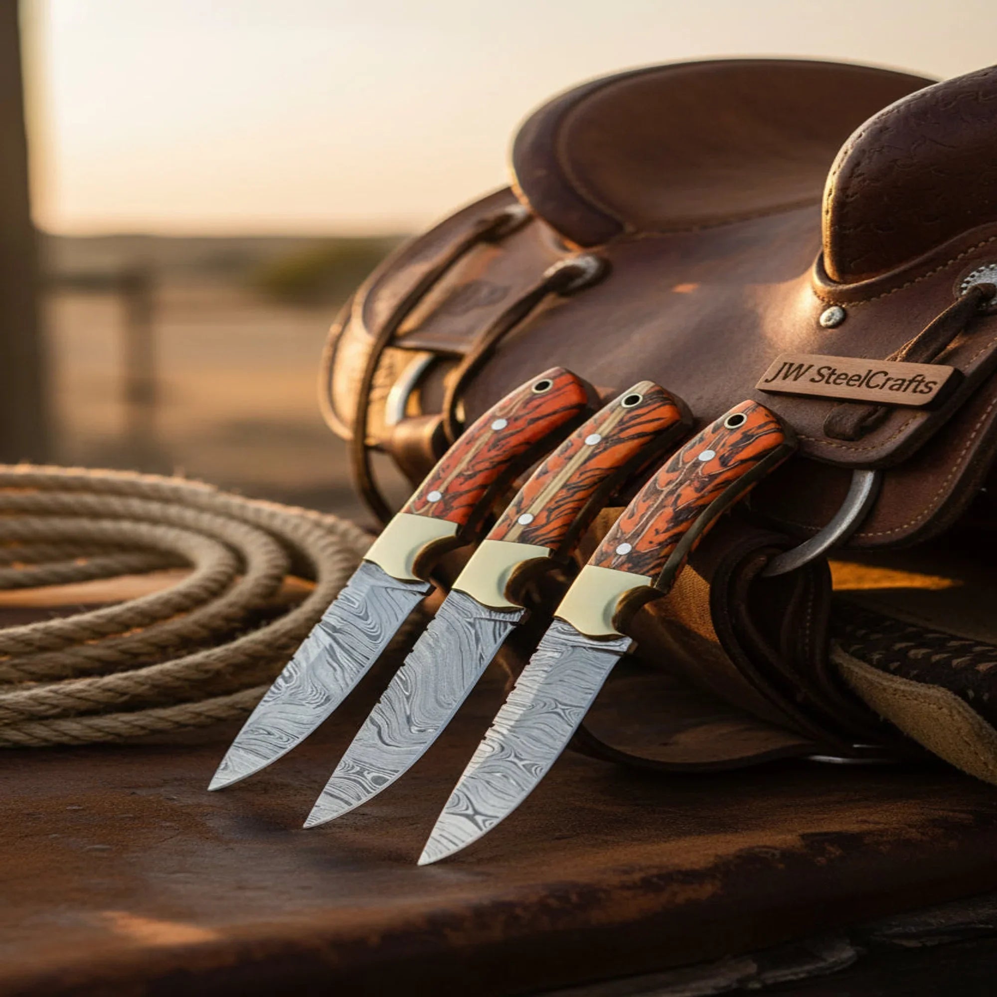 Damascus Knife Set of 3, 8" Wood Handle