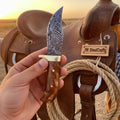 Damascus Steel Upswept Skinner Knife Rosewood Handle Brass Bolster Western Cowboy