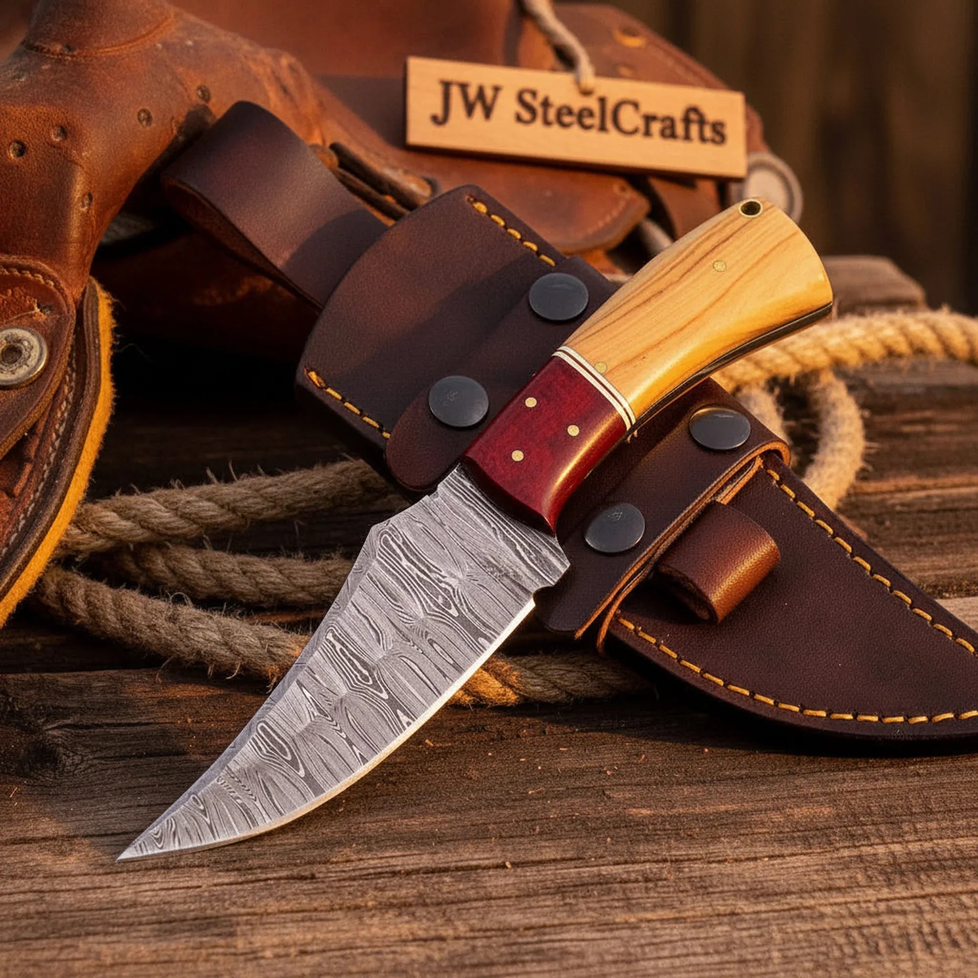 Upswept Skinning Knife with Olive Wood and Red Pakka Wood Handle