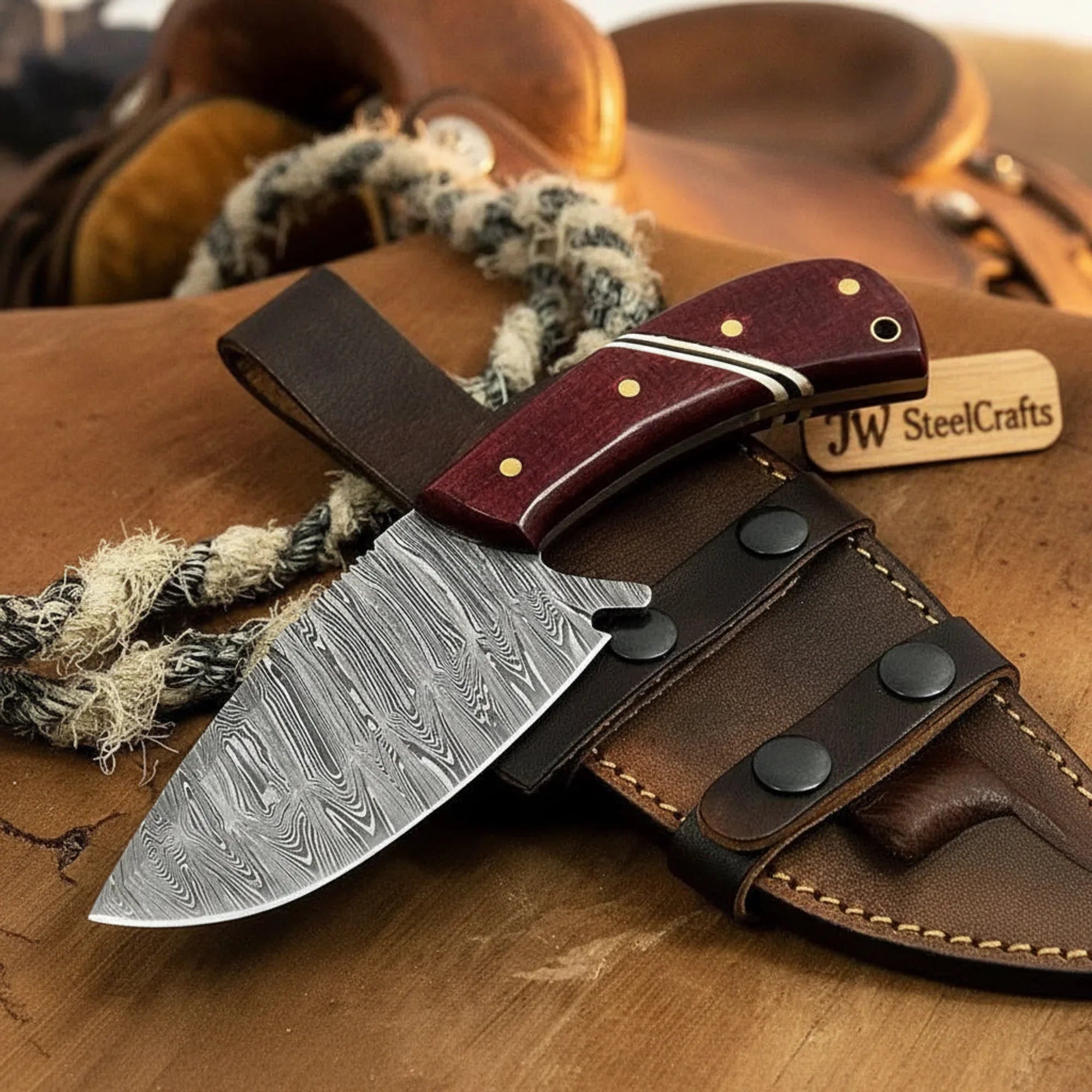 Damascus Wide-Belly Skinner with Red Micarta Handle