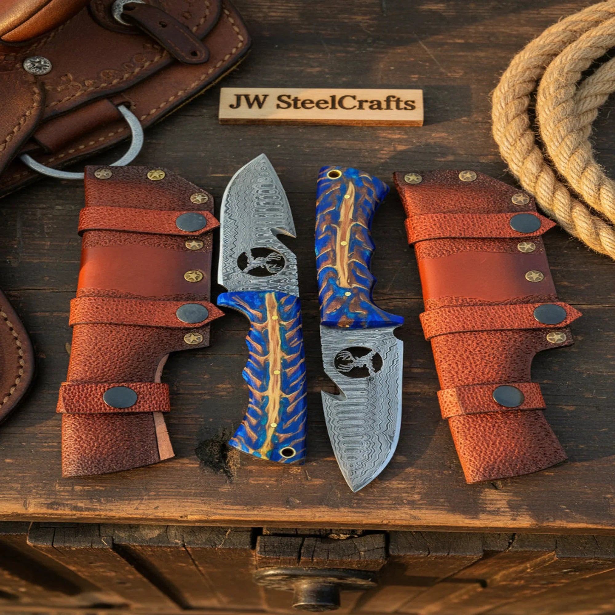 Handmade Skinner Knife Set of 2 7" Purple Pinecone Handle Deer Engraved