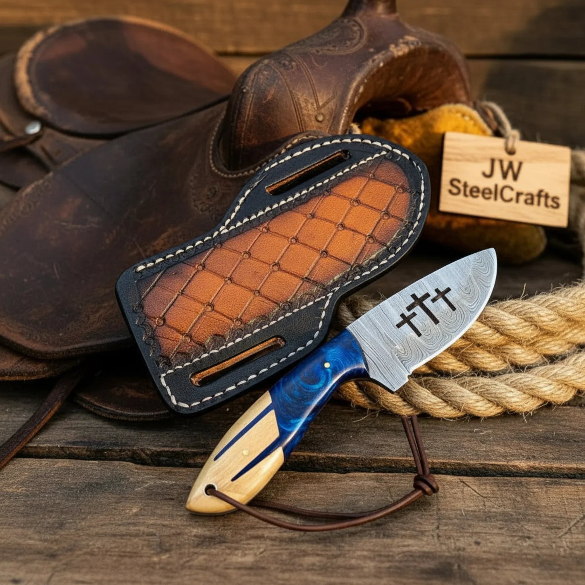 Blue Cross Wirecut Skinner Knife with Resin and Wood Handle