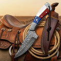 Texas Flag Lone Star Skinner Knife with Damascus Steel Blade