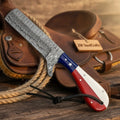 Texas Flag Damascus Bull Cutter Knife with Ladder Pattern Blade