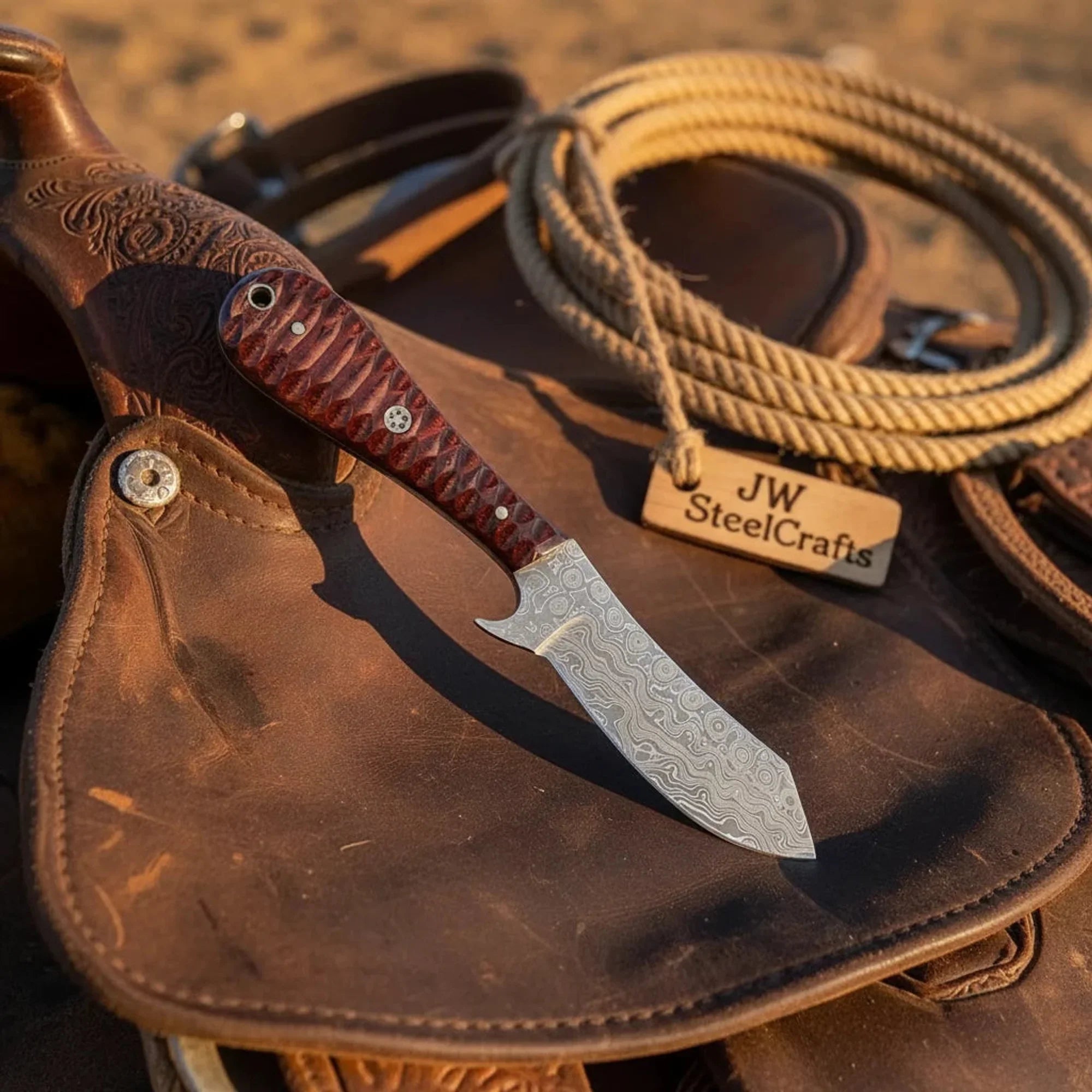 Damascus Bull Cutter Knife 7" Full Tang with Red Micarta Handle