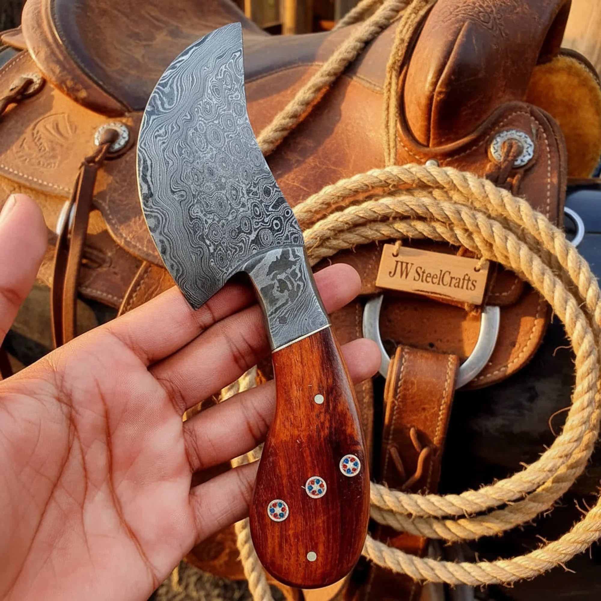 Hand Forged Damascus Skinner knife Cleaver Blade Rosewood Handle Full Tang Western 7" Sheath