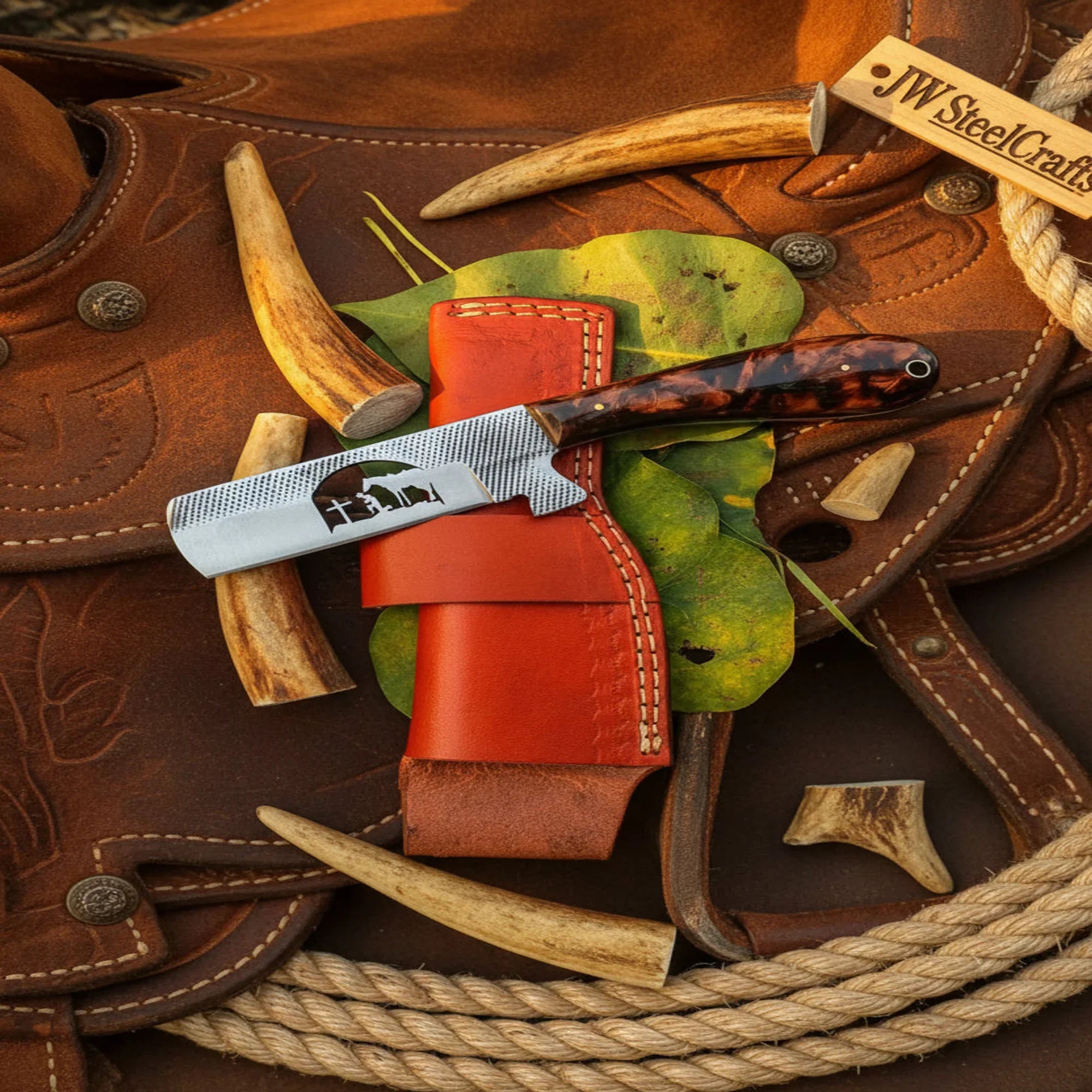 Rasp Straight Cowboy Cleaver Knife with Resin Handle, 7 Inch Handmade Blade