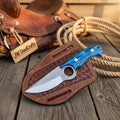 Finger-Hole Skinning Knife with Blue Pakka Wood Handle