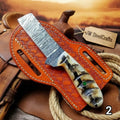 Handmade Damascus Steel Bull Cutter Knife 8" with Ram Horn Handle & Tooled Leather Sheath