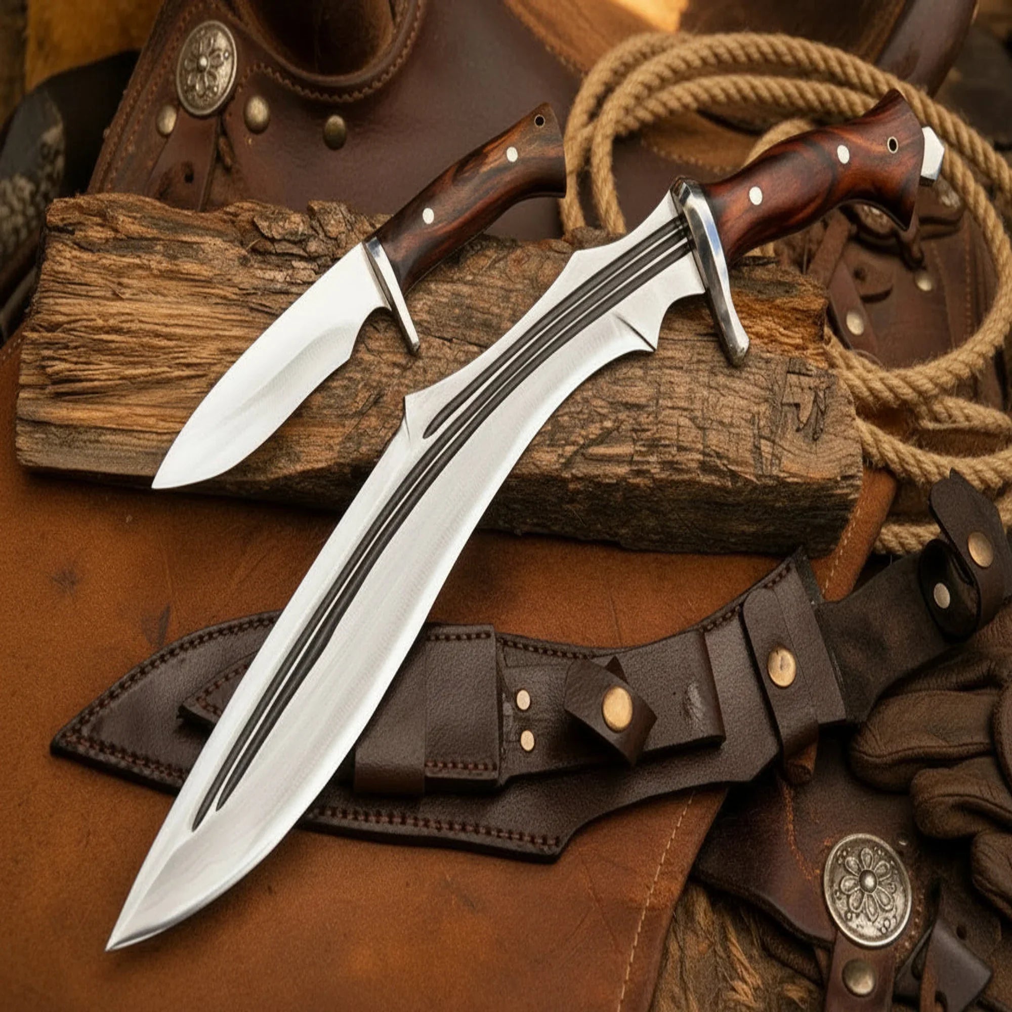Pronged Kukri Machete with MUK Knife with Wood Handle