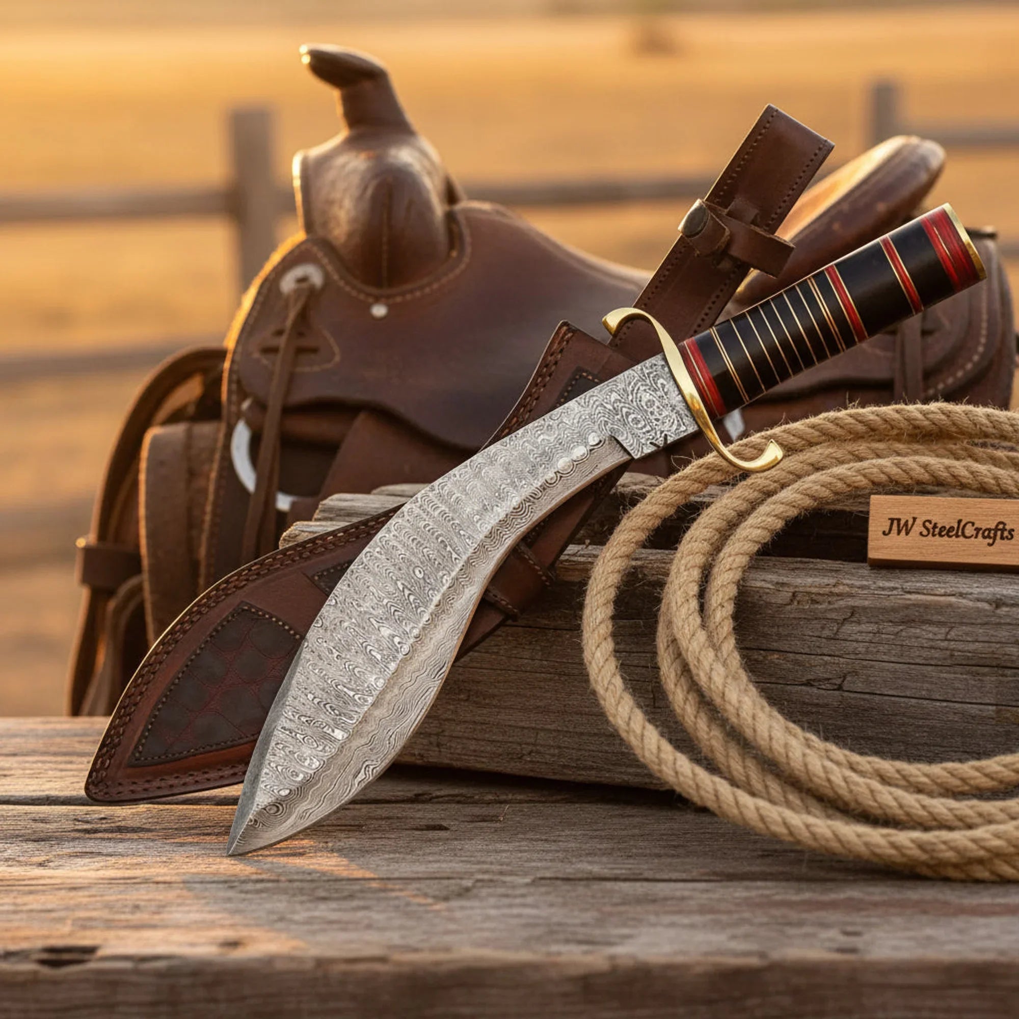 Wrangler's Forge Kukri Knife 16" Black Resin Handle Brass Red Fiber Spacer Leather Sheath