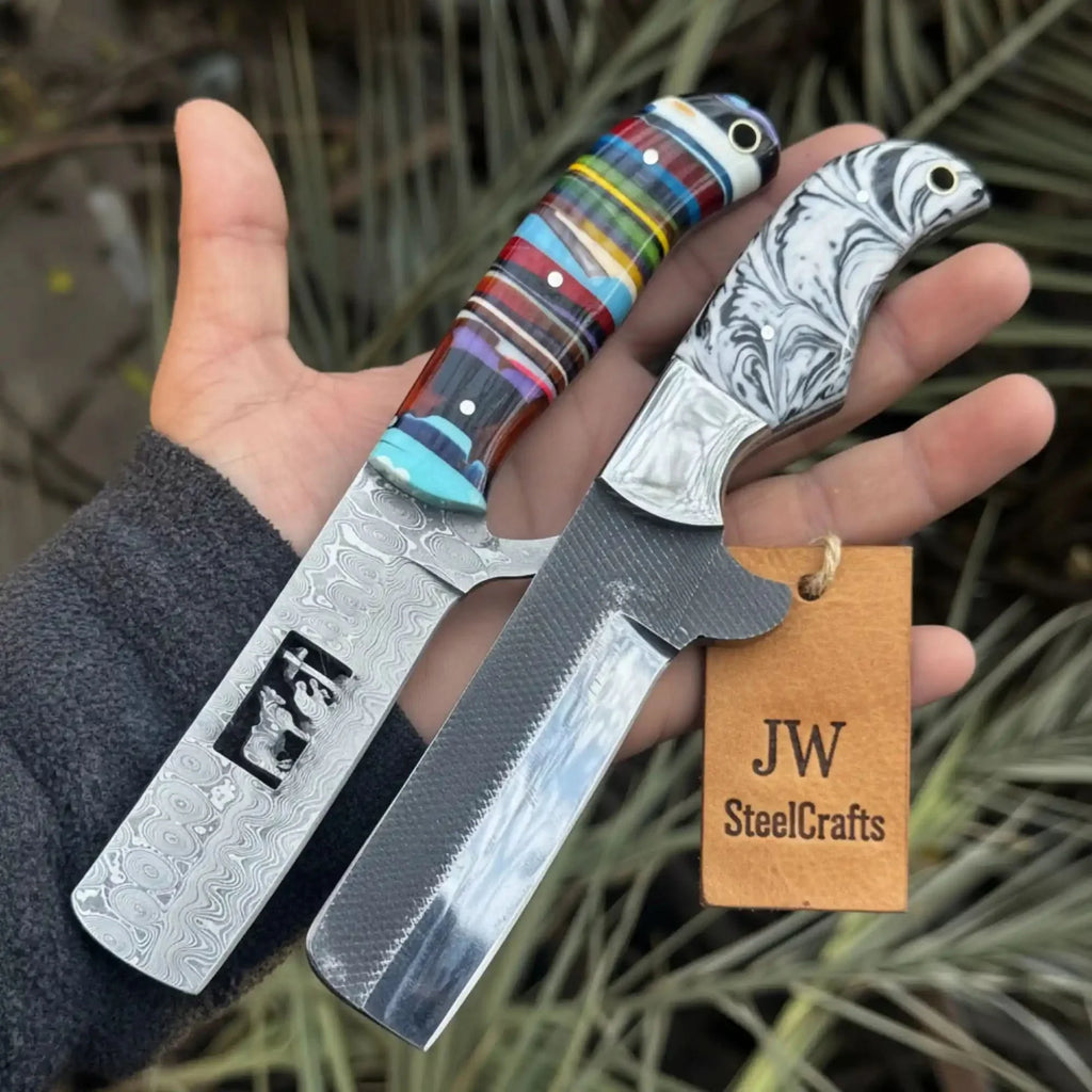 2-Piece Fixed Blade Knives Rasp Steel Cleaver Rainbow Resin Handle