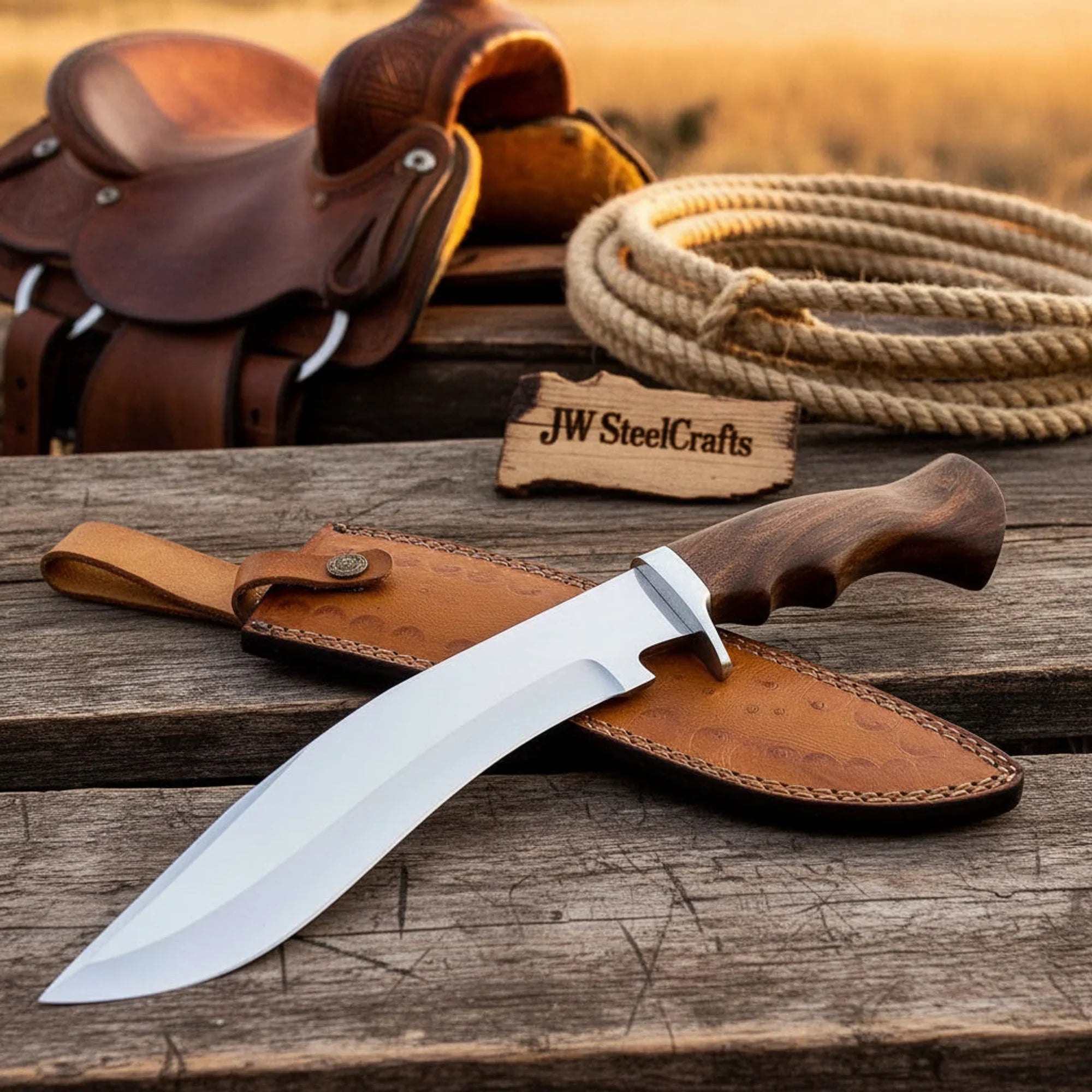Walnut Handle Bowie Knife with Hand-Forged Carbon Steel Blade for Hunting & Outdoor Use