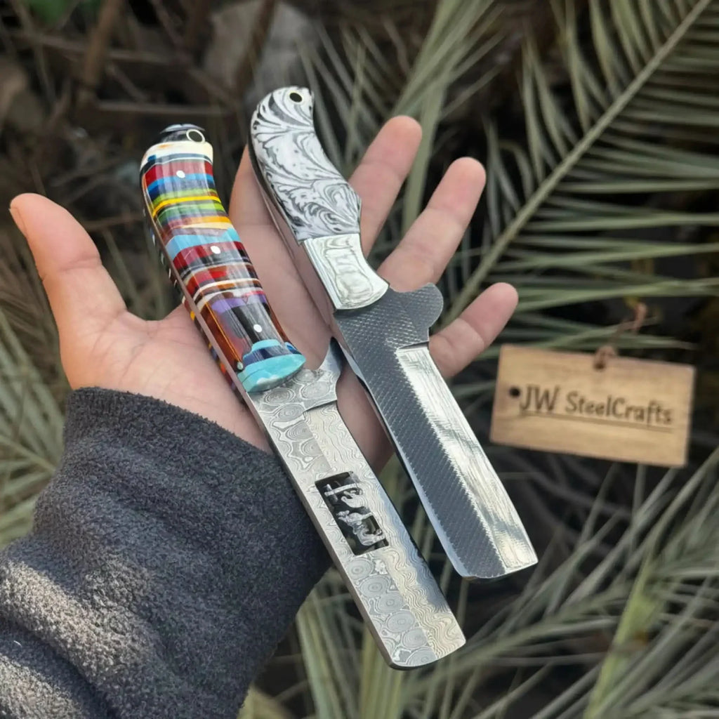 2-Piece Fixed Blade Knives Rasp Steel Cleaver Rainbow Resin Handle