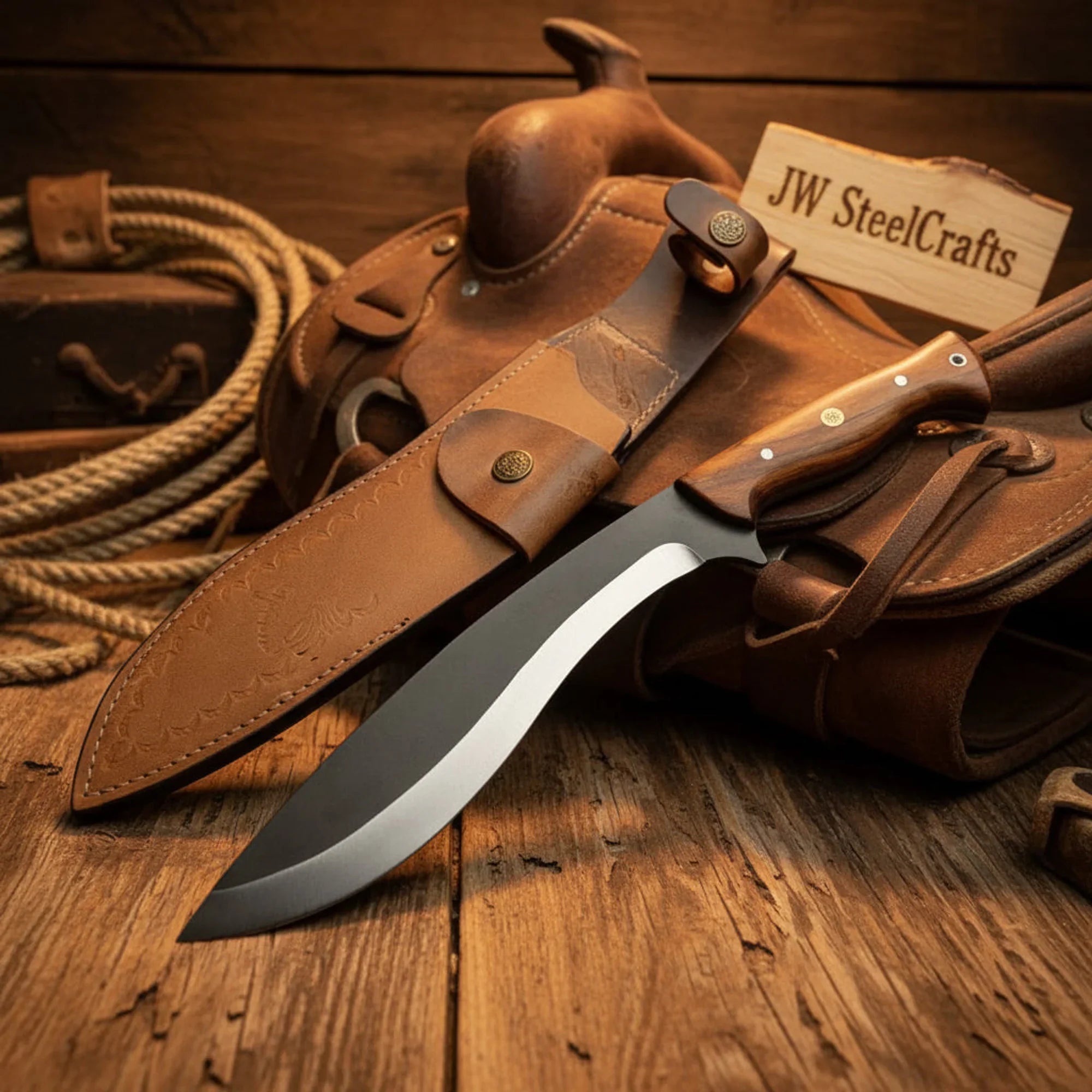 Custom Tracker Kukri Knife – Heavy Duty D2 Steel Blade with Two-Tone Walnut Wood Handle