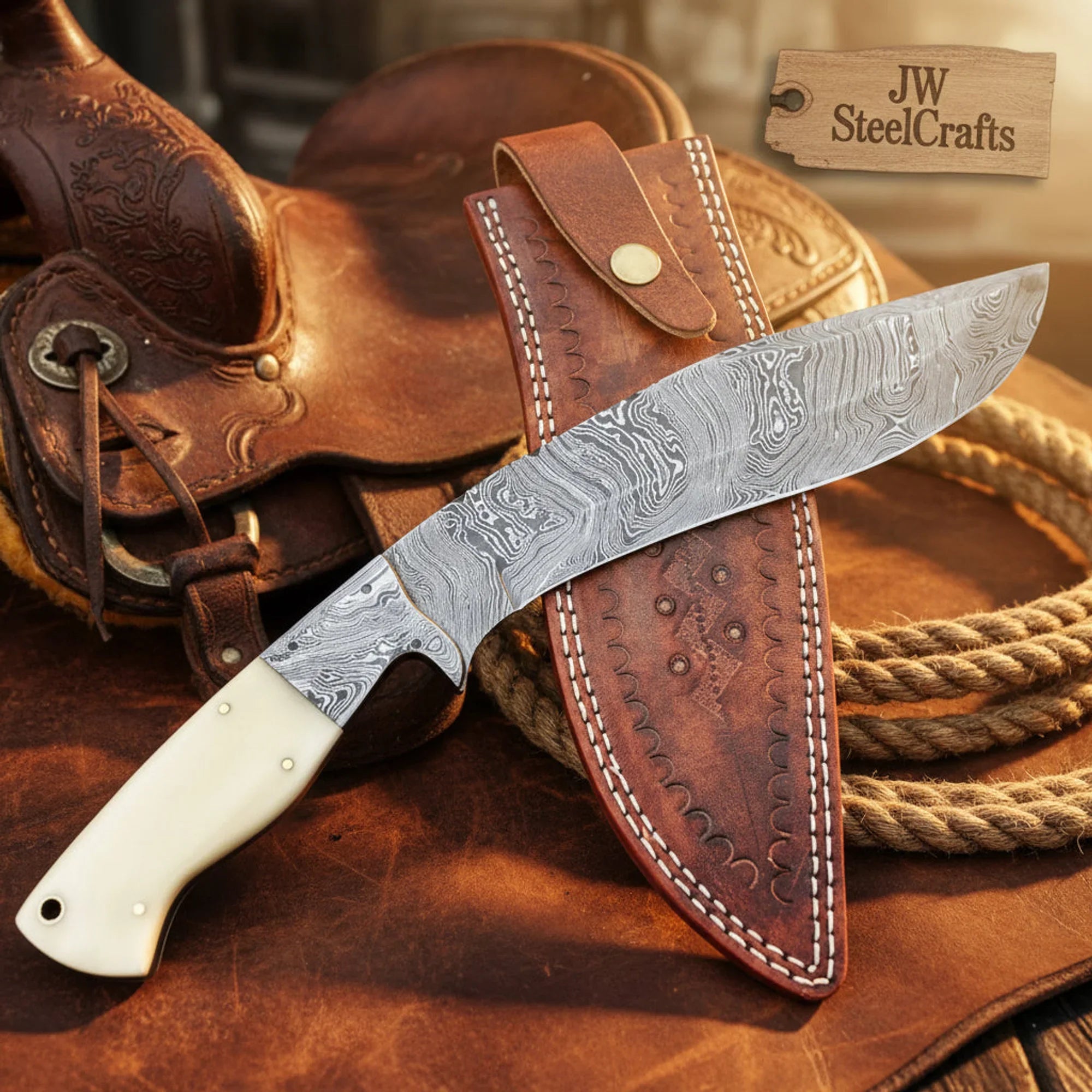Whitehorn Damascus Kukri Knife 9" Camel Bone Handle with Matching Damascus Bolster