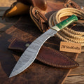 Green Dollar-Wood Kukri Knife with Ladder Damascus Blade and Brass Bolster