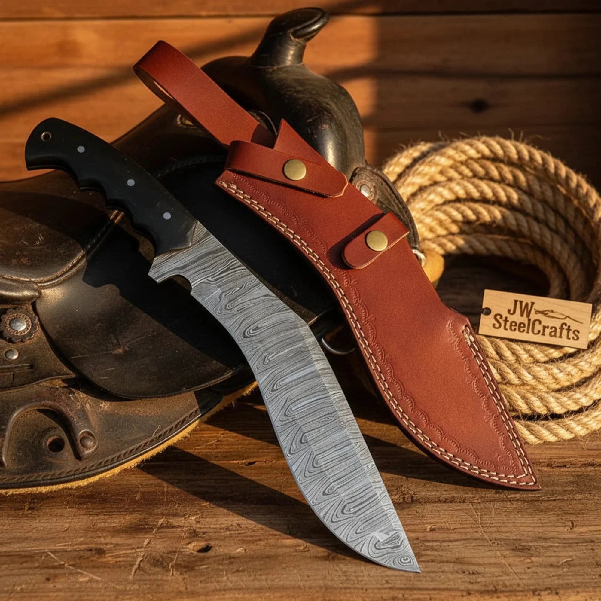 Moorhaus Damascus Kukri Black Resin Handle Full Tang Chopper Leather Sheath 15"